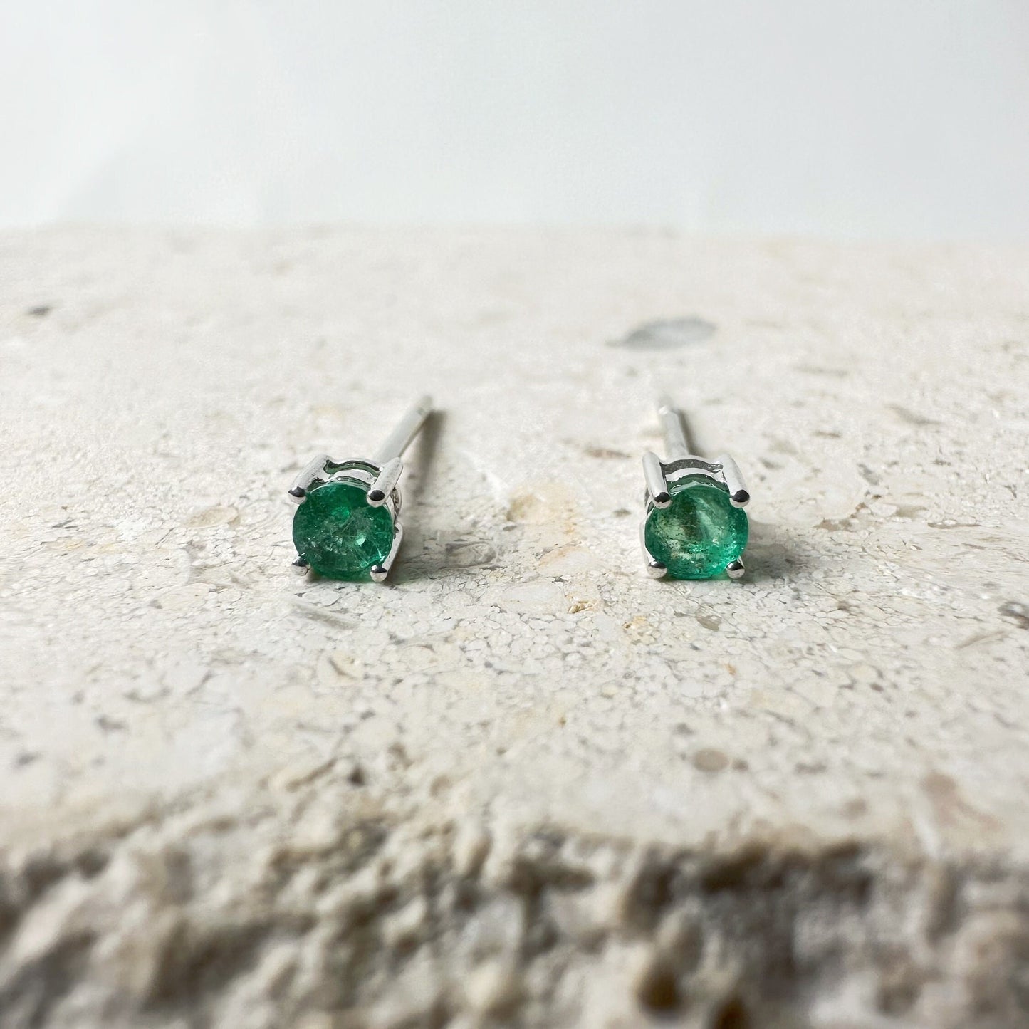 14K Solid Gold Genuine Emerald 3mm Round Studs/Pair