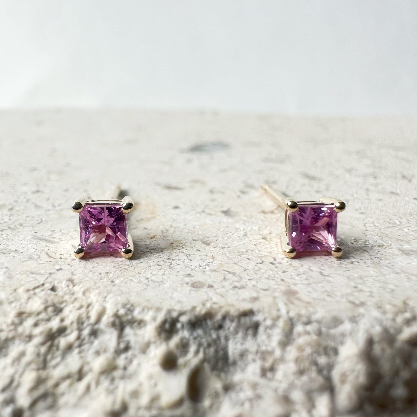 14K Solid Gold Genuine 3mm Pink Sapphire Square Studs/Pair