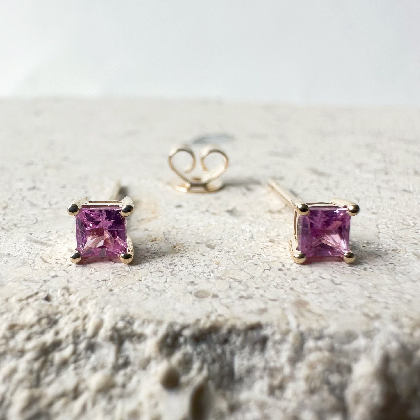 14K Solid Gold Genuine 3mm Pink Sapphire Square Studs/Pair