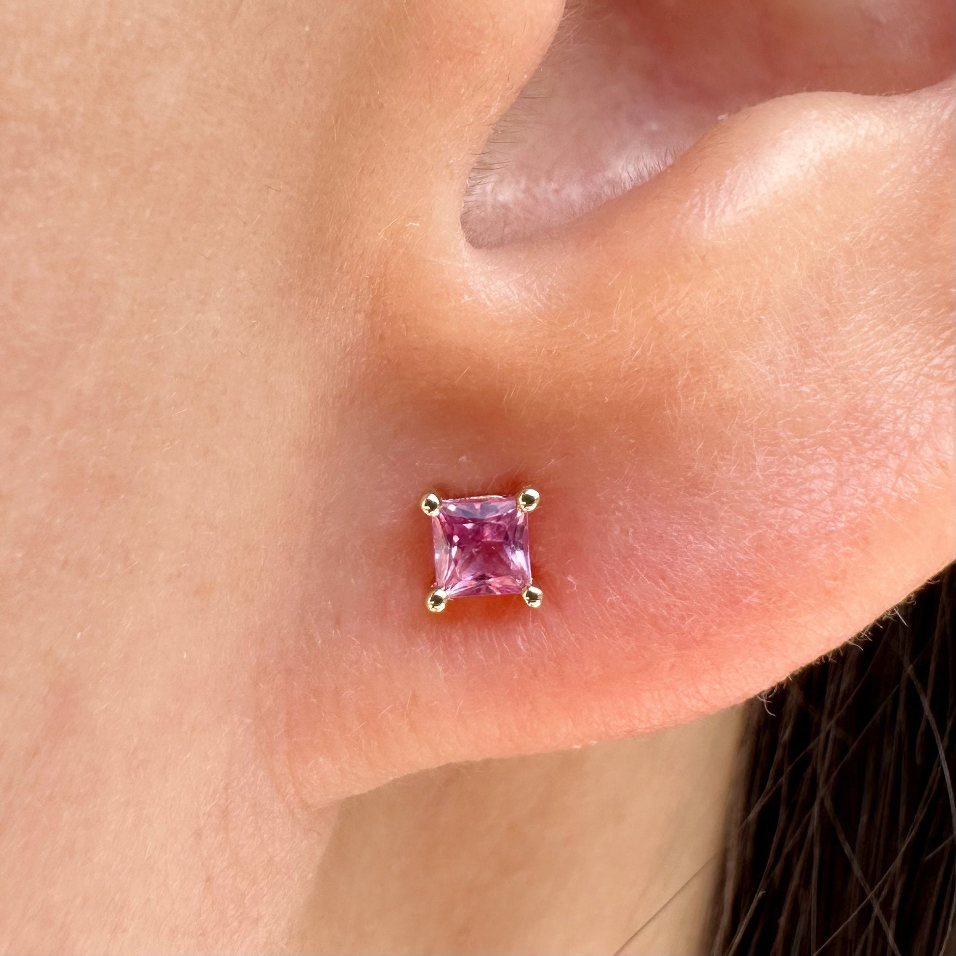 14K Solid Gold Genuine 3mm Pink Sapphire Square Studs/Pair