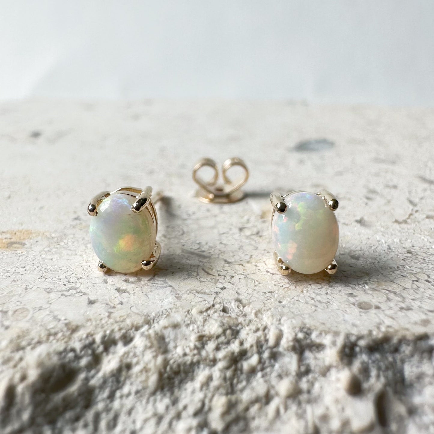 14K Solid Gold Genuine Oval Australian Genuine Opal Studs/Pair