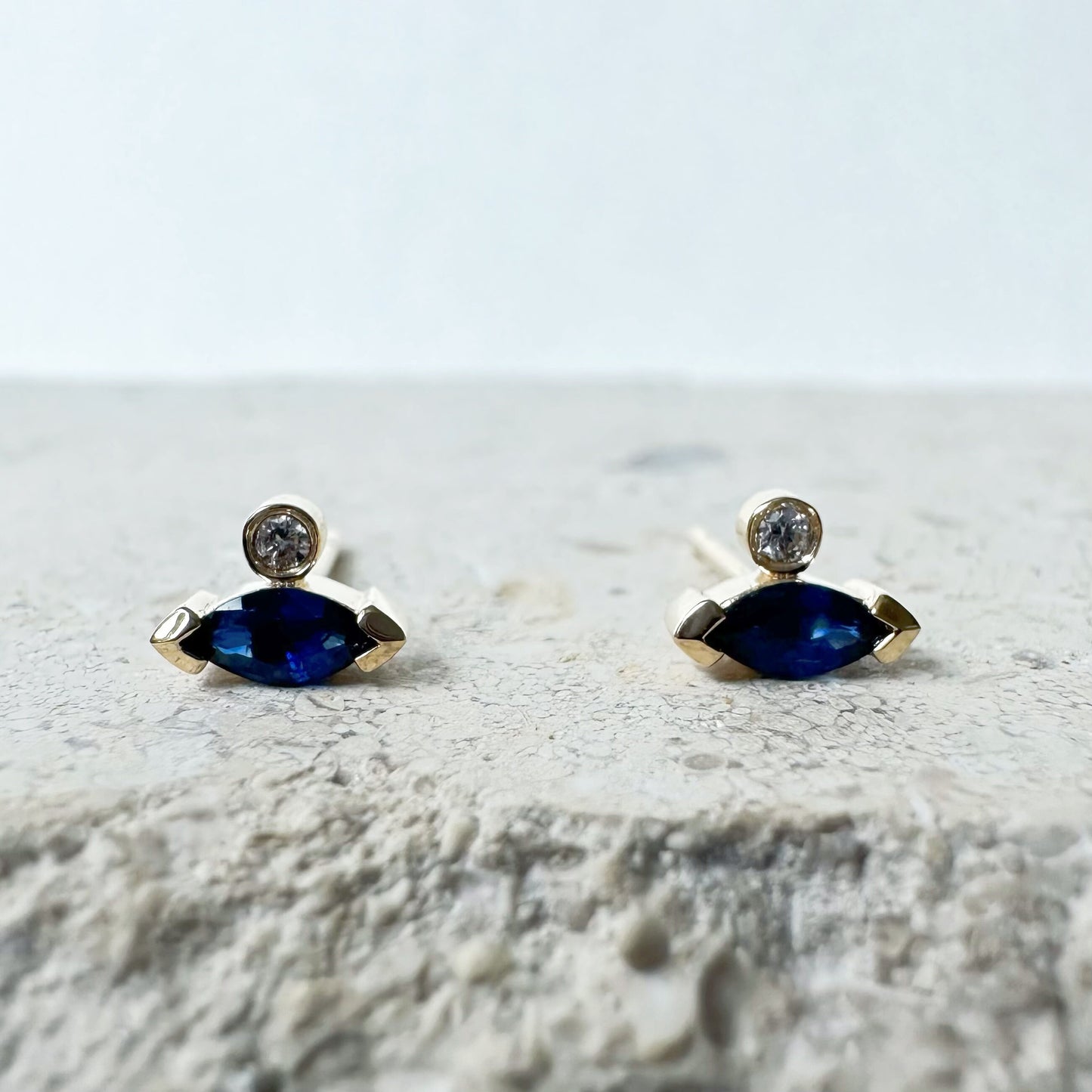 14K Solid Gold Genuine Marquise Sapphire and Diamond Stacked Studs/Pair