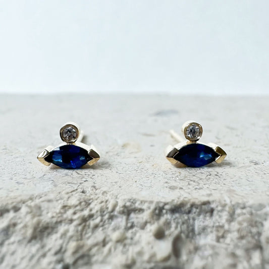 14K Solid Gold Genuine Marquise Sapphire and Diamond Stacked Studs/Pair