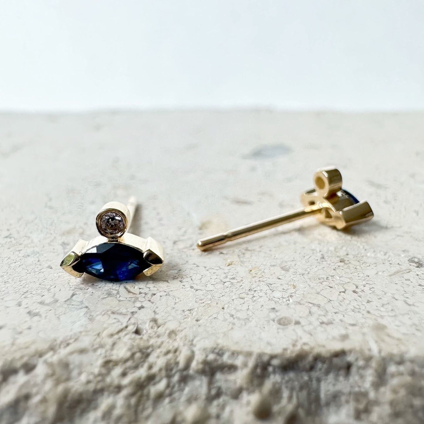 14K Solid Gold Genuine Marquise Sapphire and Diamond Stacked Studs/Pair