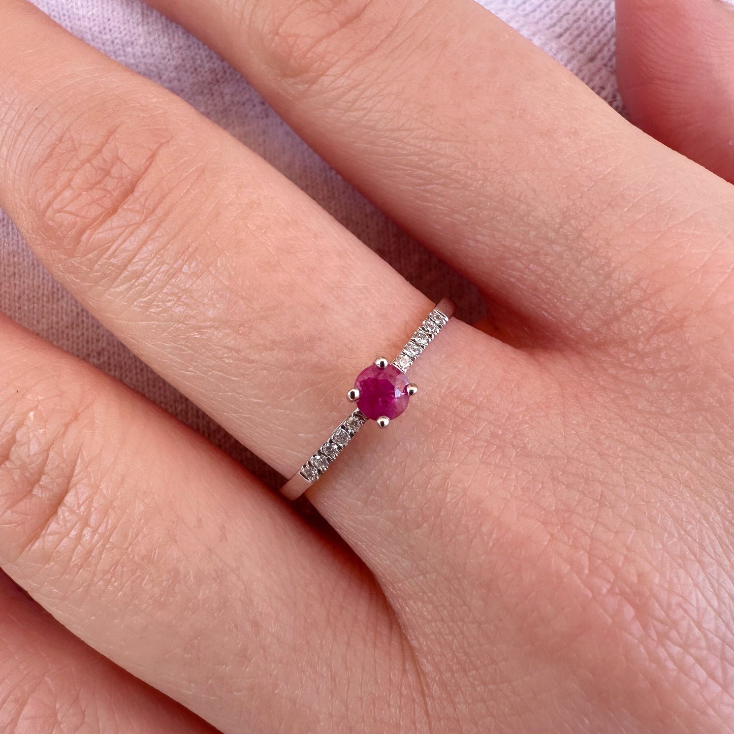 14K Solid White Gold Genuine Ruby and Diamond Ring