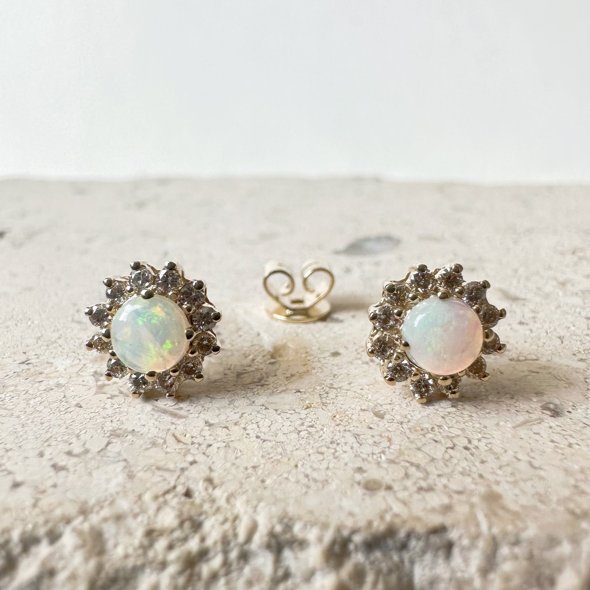 14K Solid Gold Genuine Opal and Diamond Sun Studs