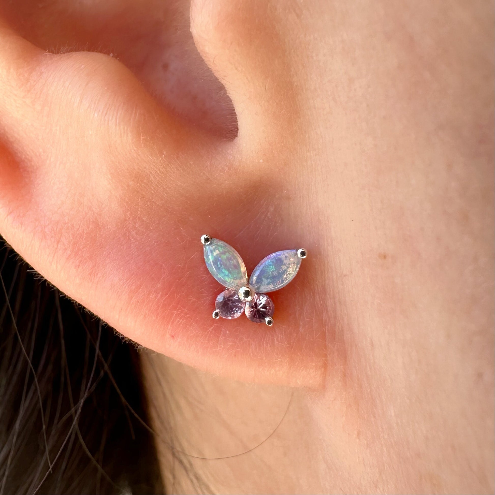 14K Solid Gold Genuine Opal and Pink Sapphire Butterfly Studs/Pair