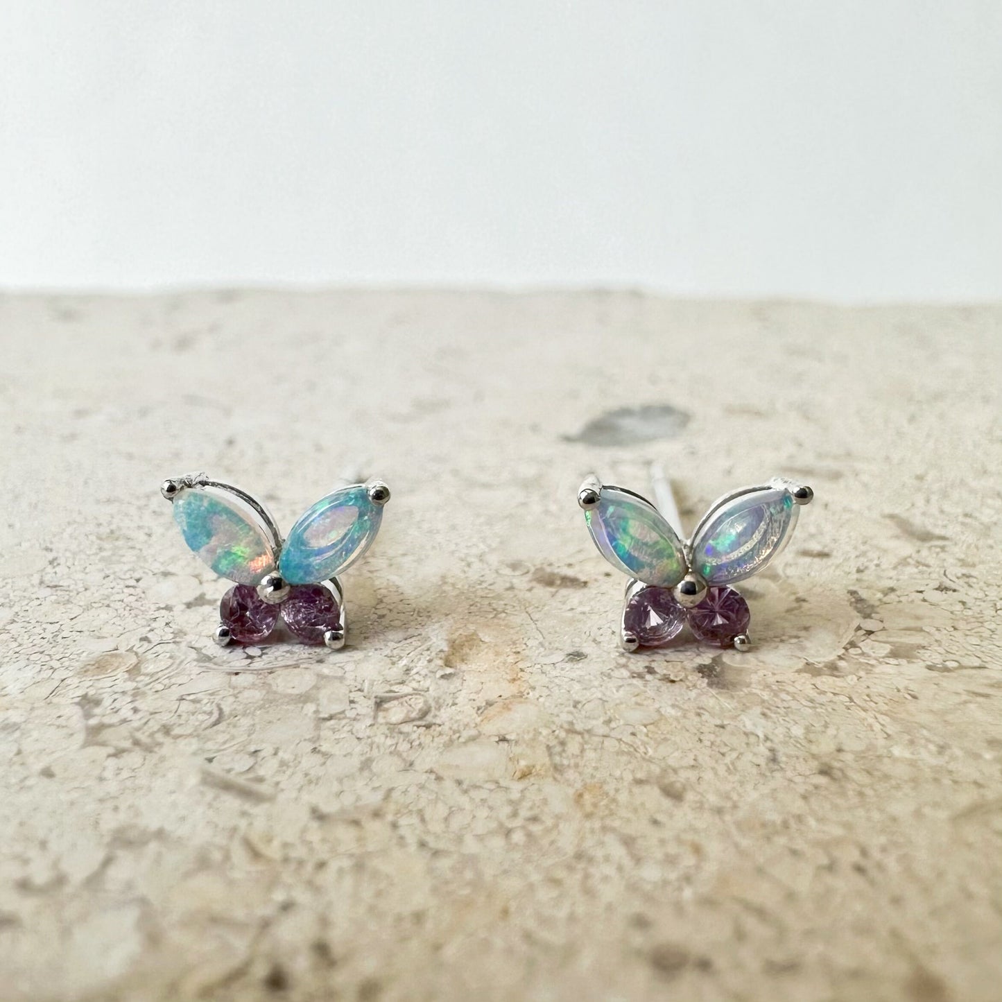 14K Solid Gold Genuine Opal and Pink Sapphire Butterfly Studs/Pair