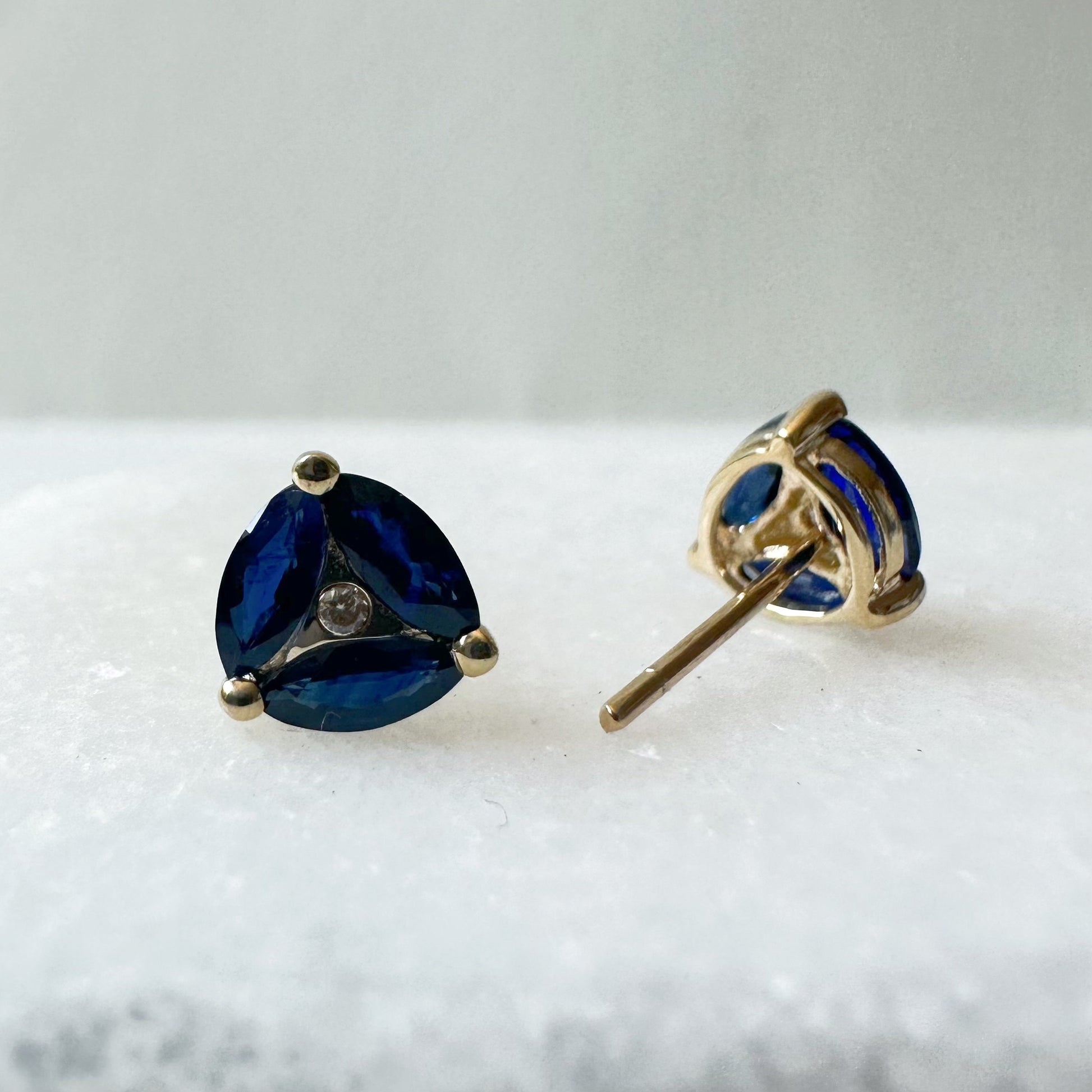 14K Solid Gold Genuine Marquise Sapphire and Diamond Triangle Studs/Pair
