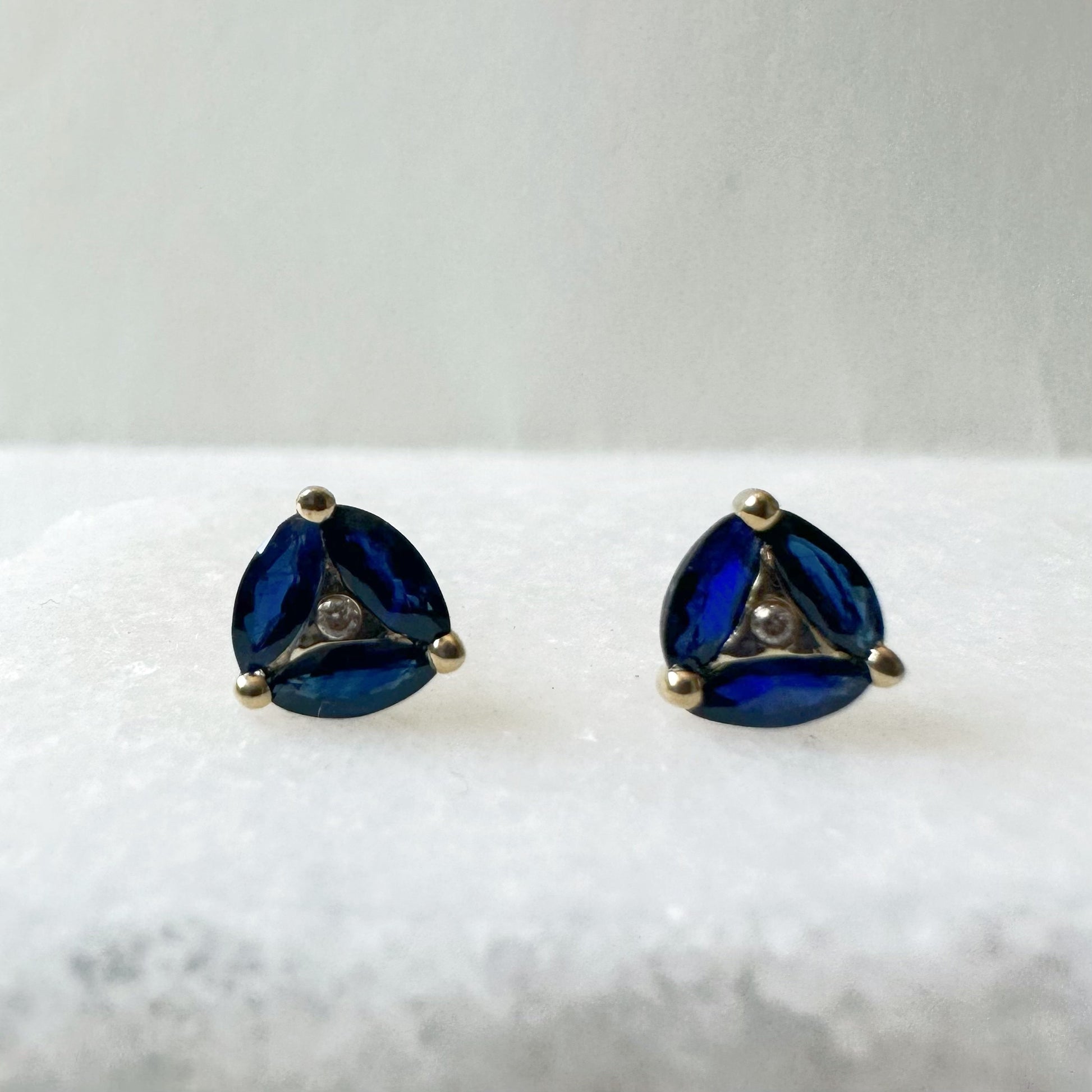14K Solid Gold Genuine Marquise Sapphire and Diamond Triangle Studs/Pair