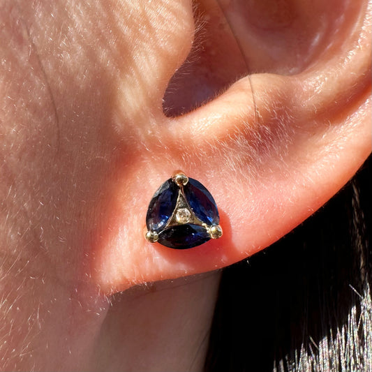 14K Solid Gold Genuine Marquise Sapphire and Diamond Triangle Studs/Pair