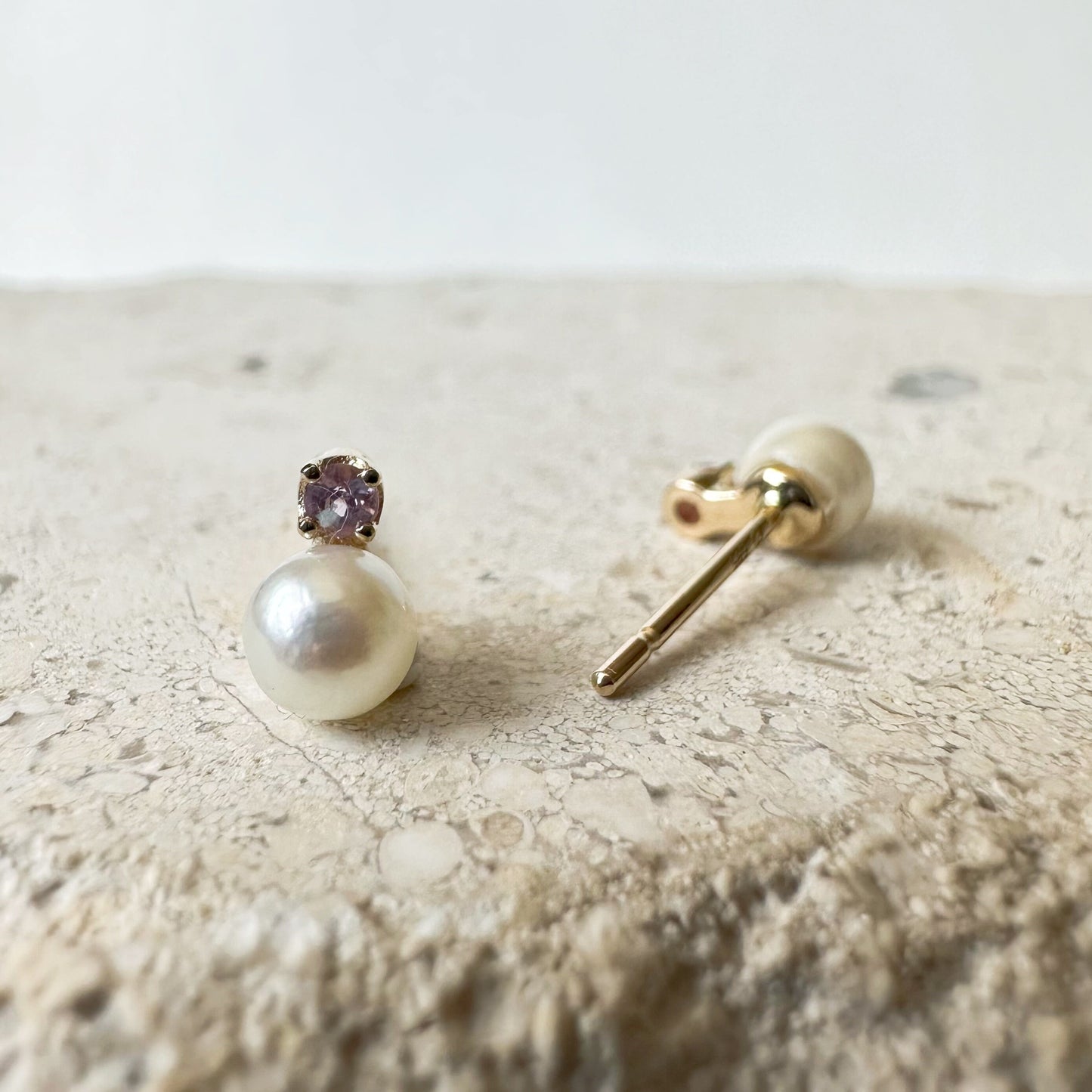 14K Solid Gold Genuine Akoya Pearl and Pink Sapphire Studs/Pair