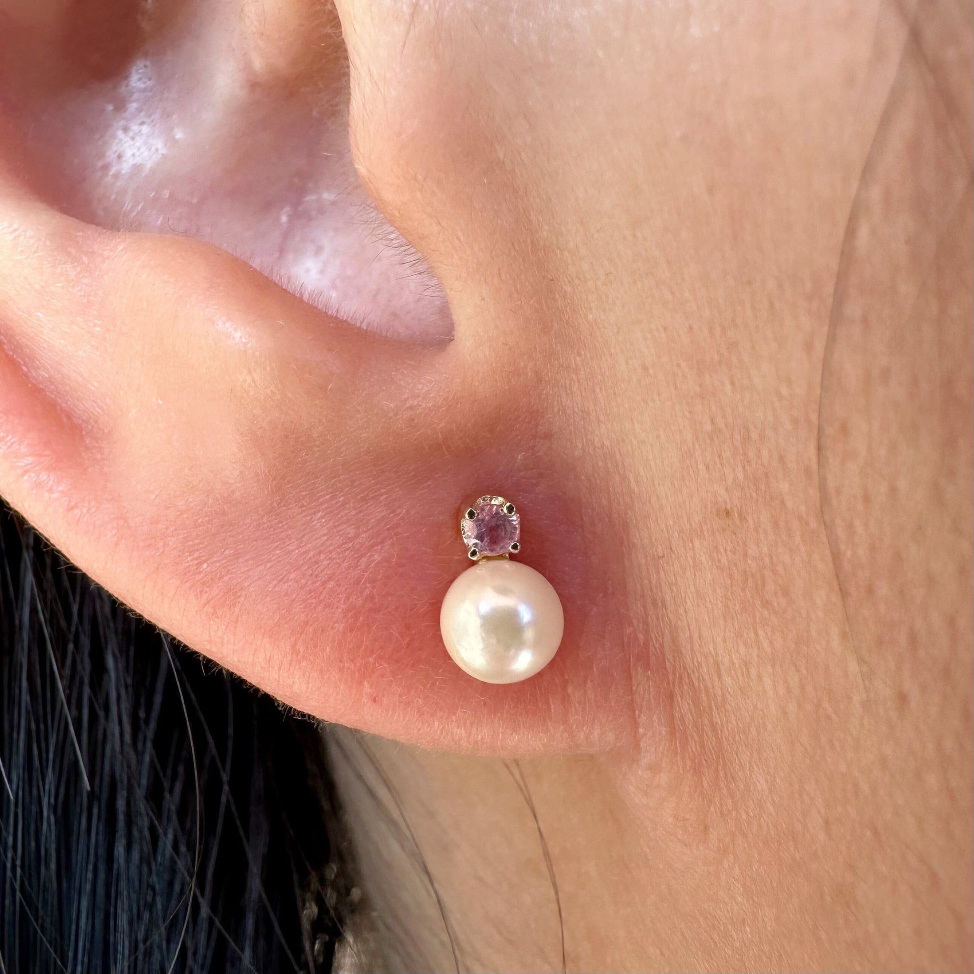 14K Solid Gold Genuine Akoya Pearl and Pink Sapphire Studs/Pair