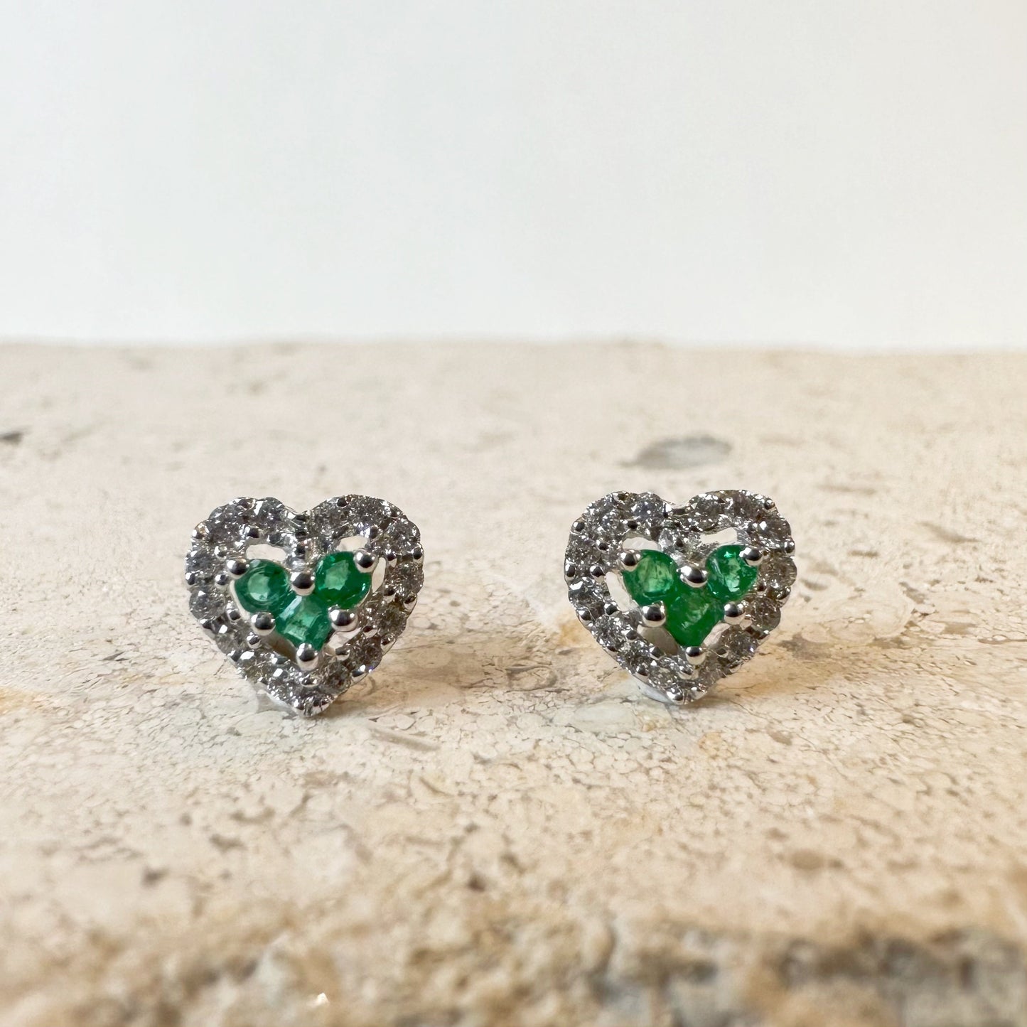 18K Solid White Gold Genuine Emerald and Diamond Heart Studs/Pair