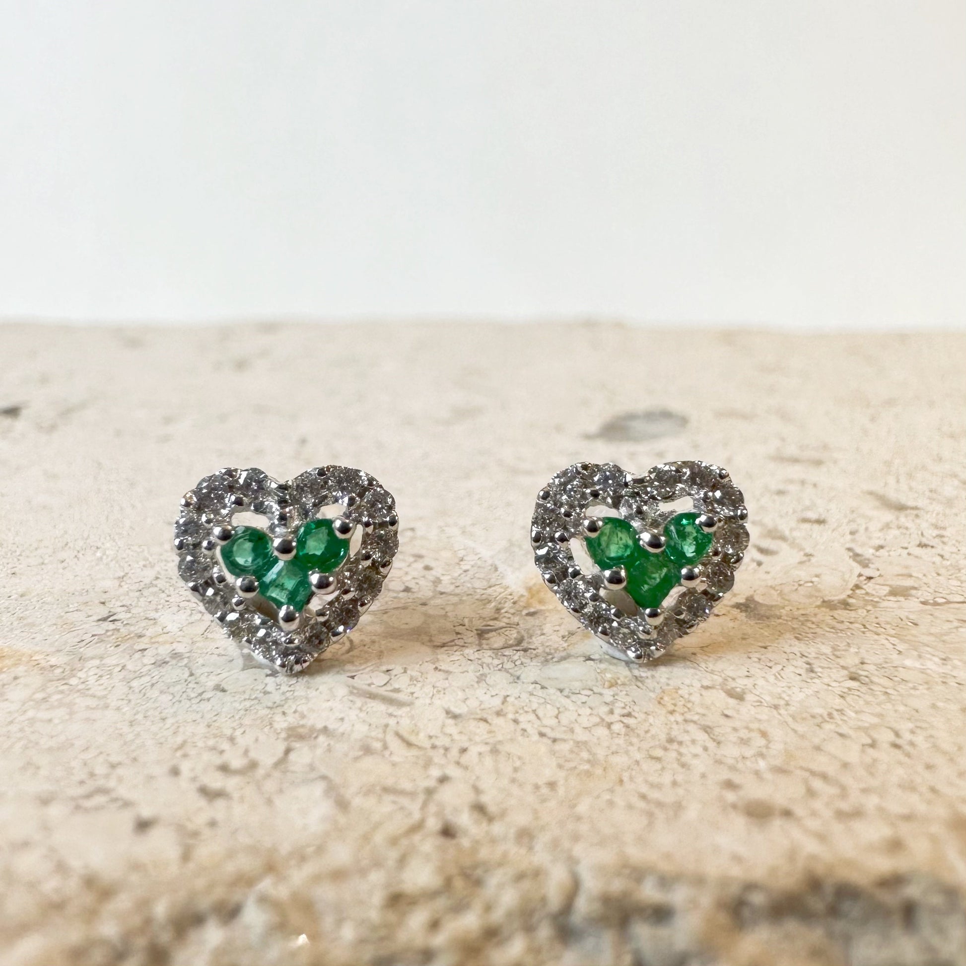 18K Solid White Gold Genuine Emerald and Diamond Heart Studs/Pair