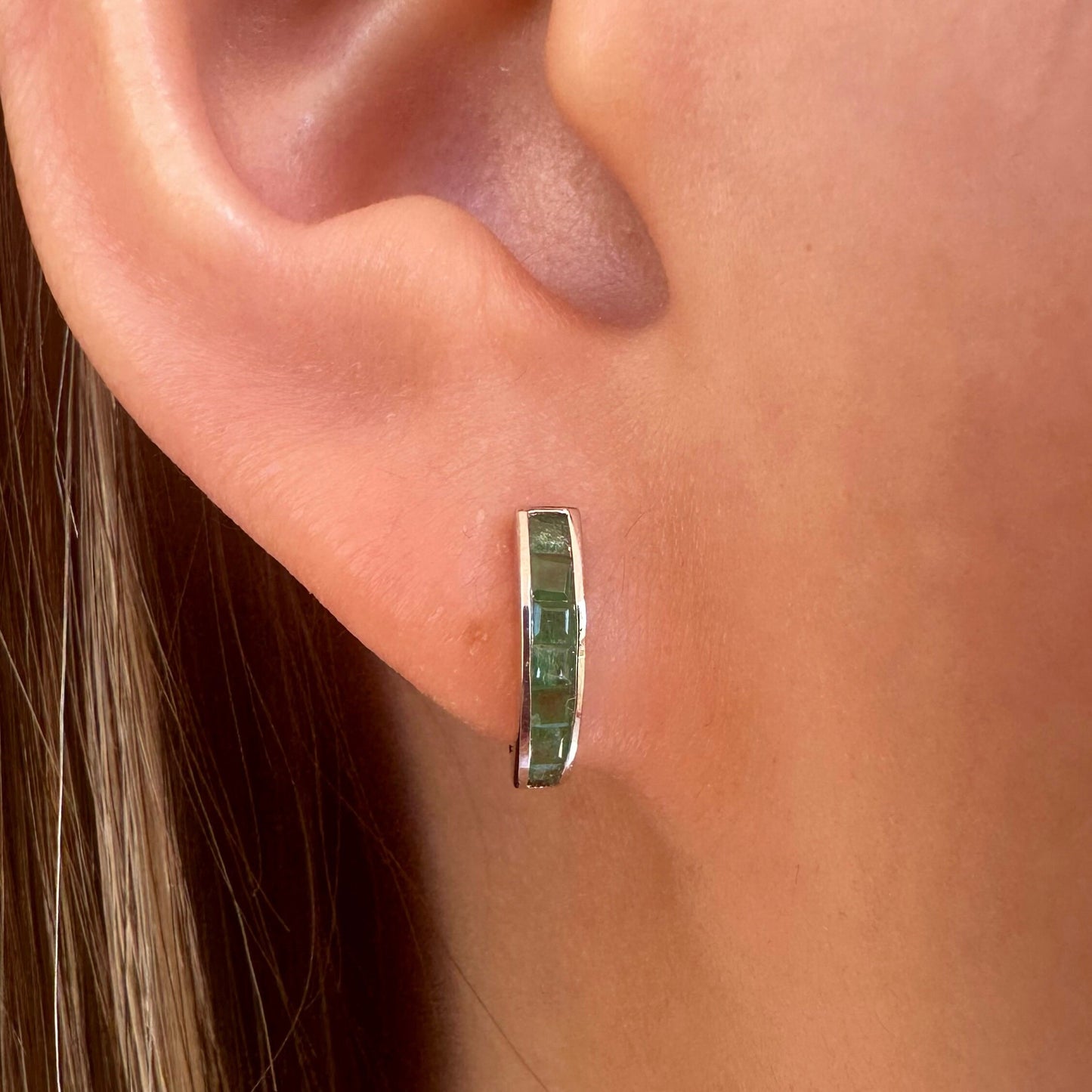 14K Solid White Gold Emerald Huggie Earrings/Pair