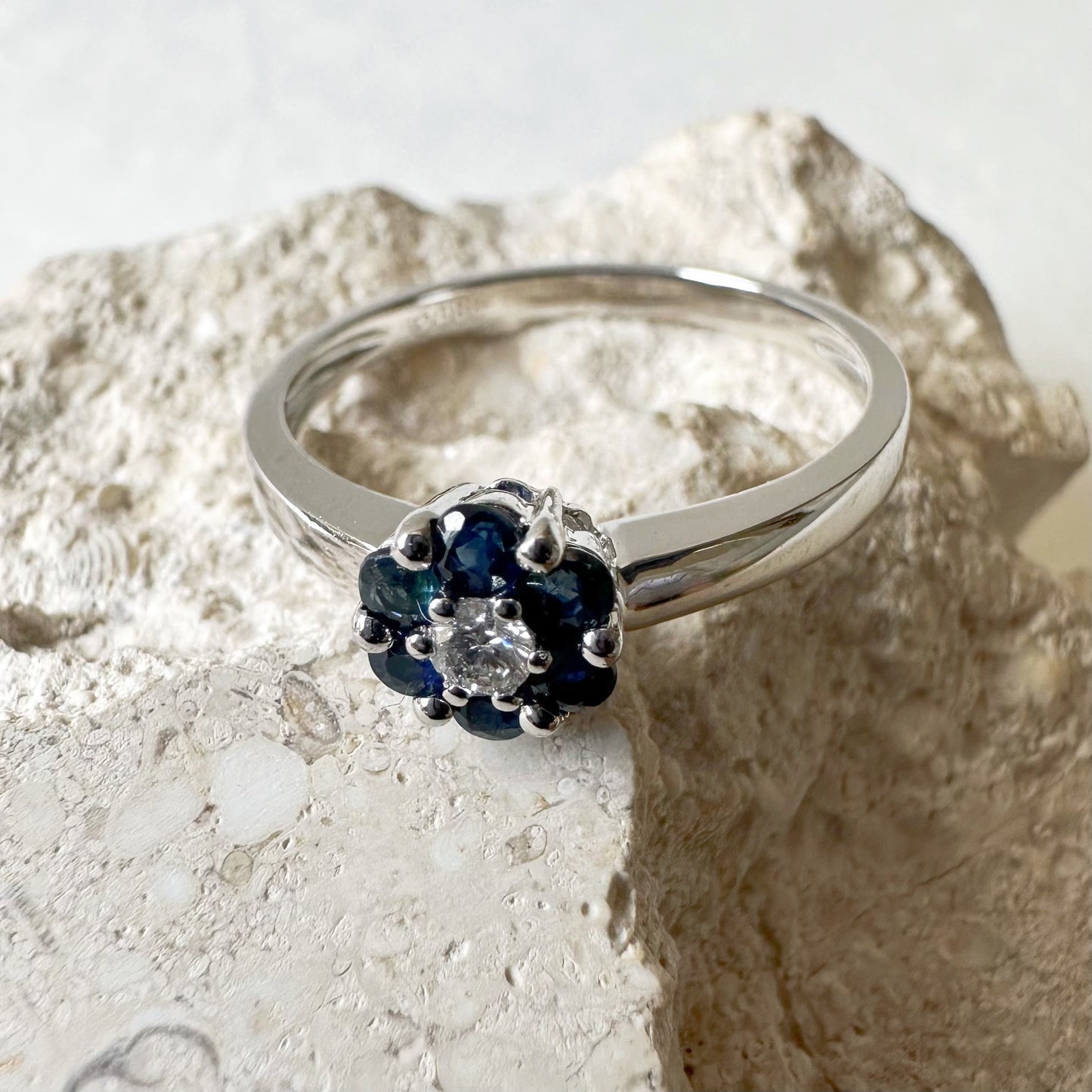 14K Solid White Gold Genuine Sapphire and Diamond Flower Ring