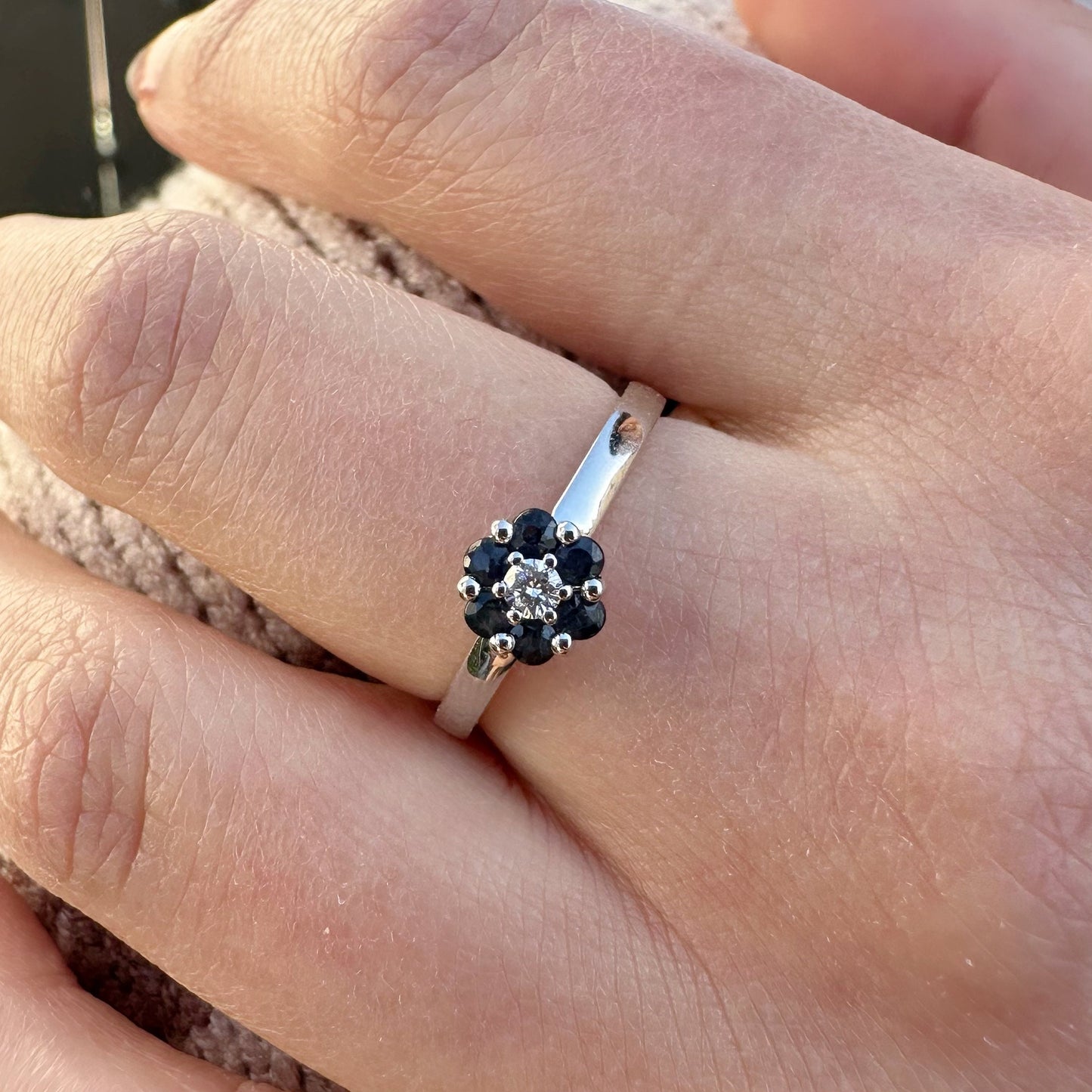 14K Solid White Gold Genuine Sapphire and Diamond Flower Ring