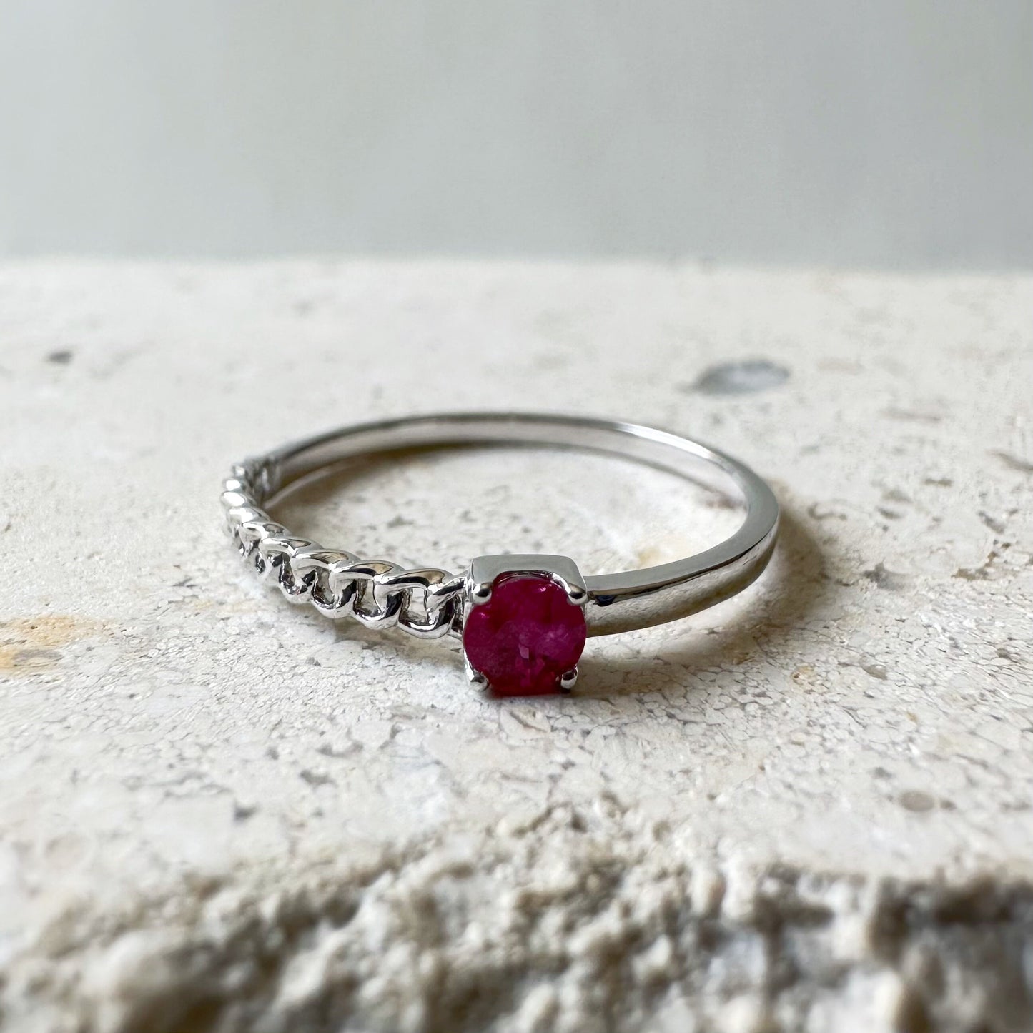 14K Solid White Gold Genuine Ruby Chain Ring