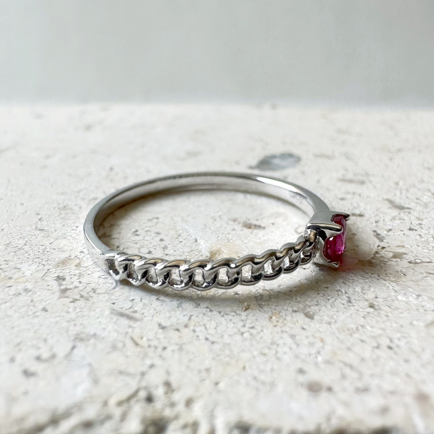 14K Solid White Gold Genuine Ruby Chain Ring