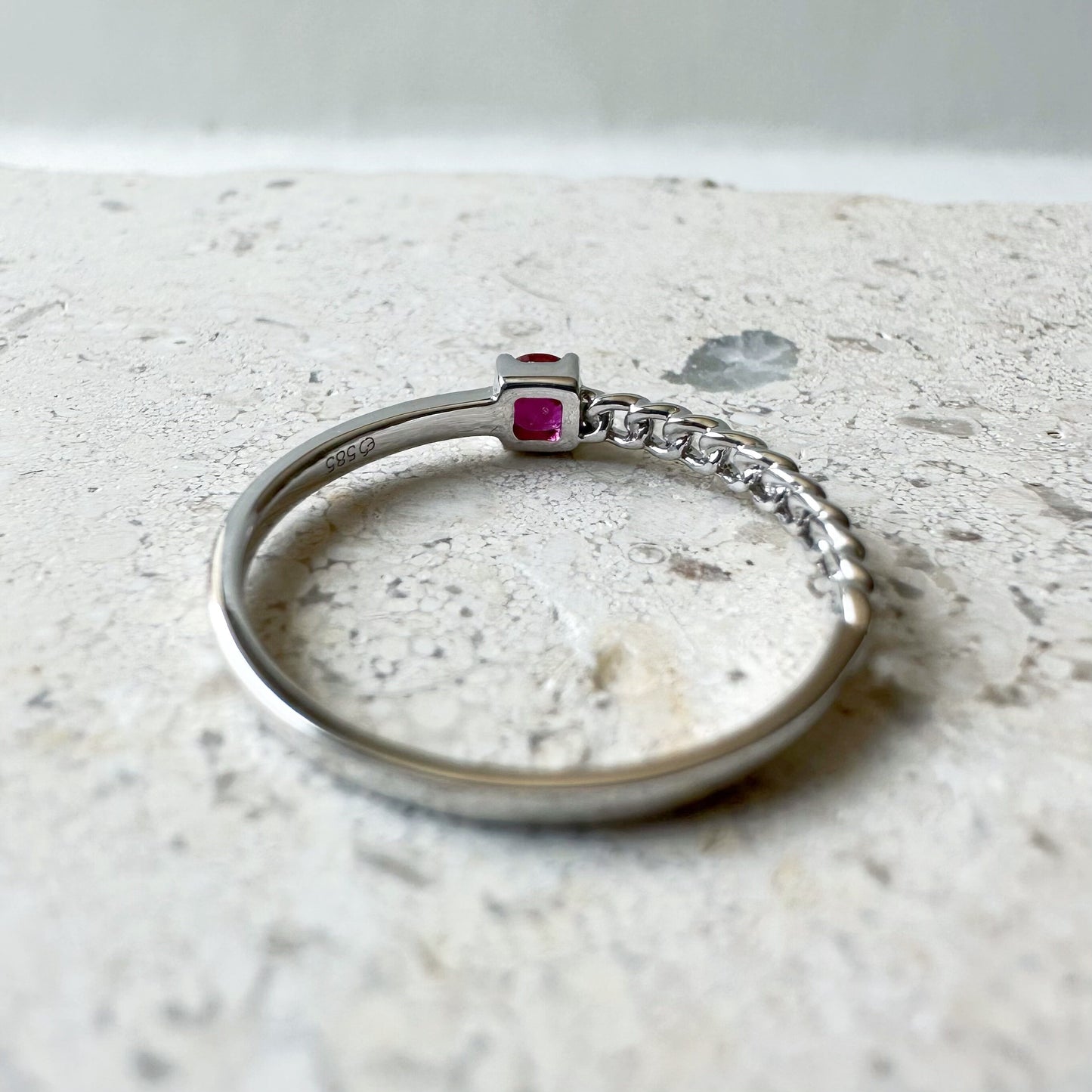 14K Solid White Gold Genuine Ruby Chain Ring