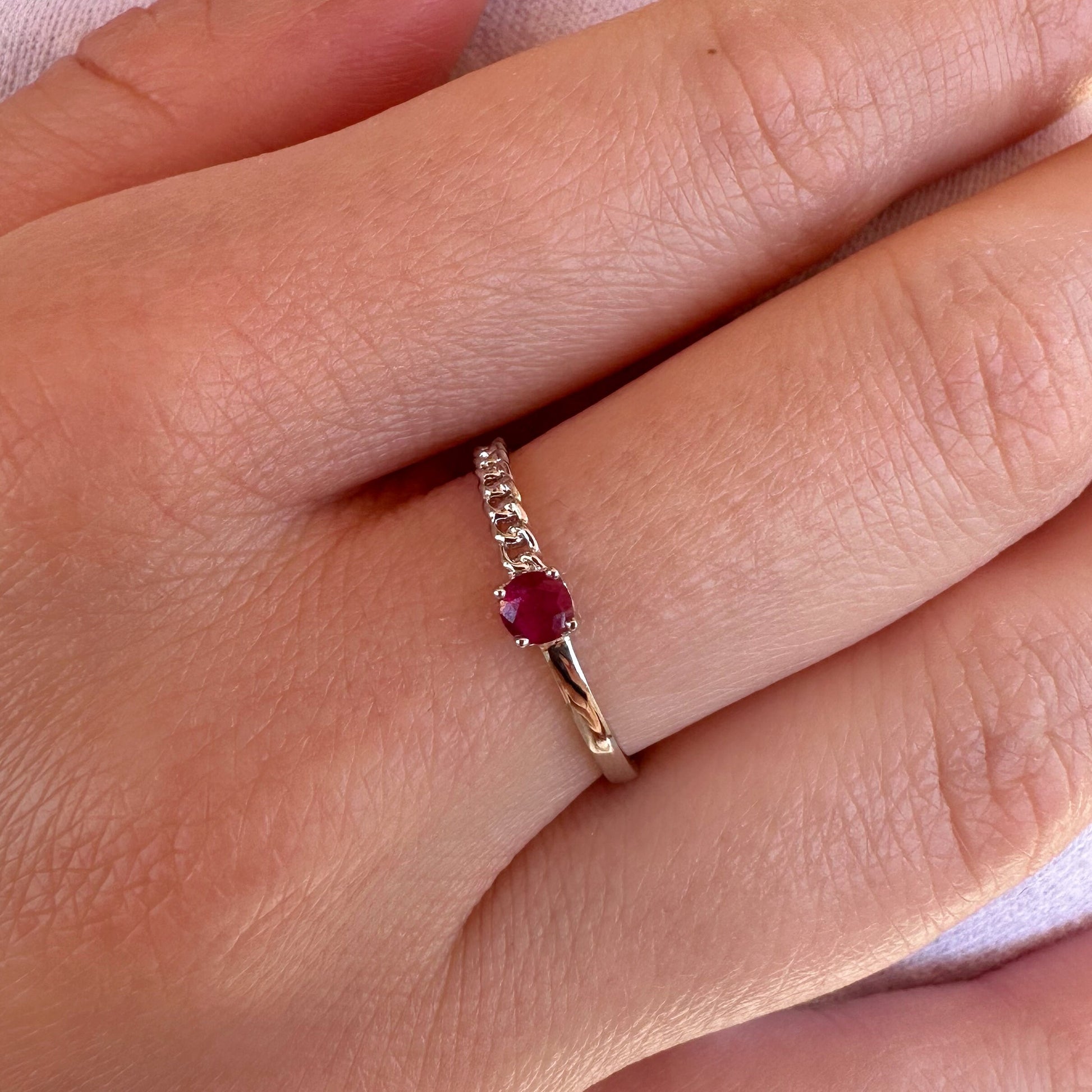 14K Solid White Gold Genuine Ruby Chain Ring