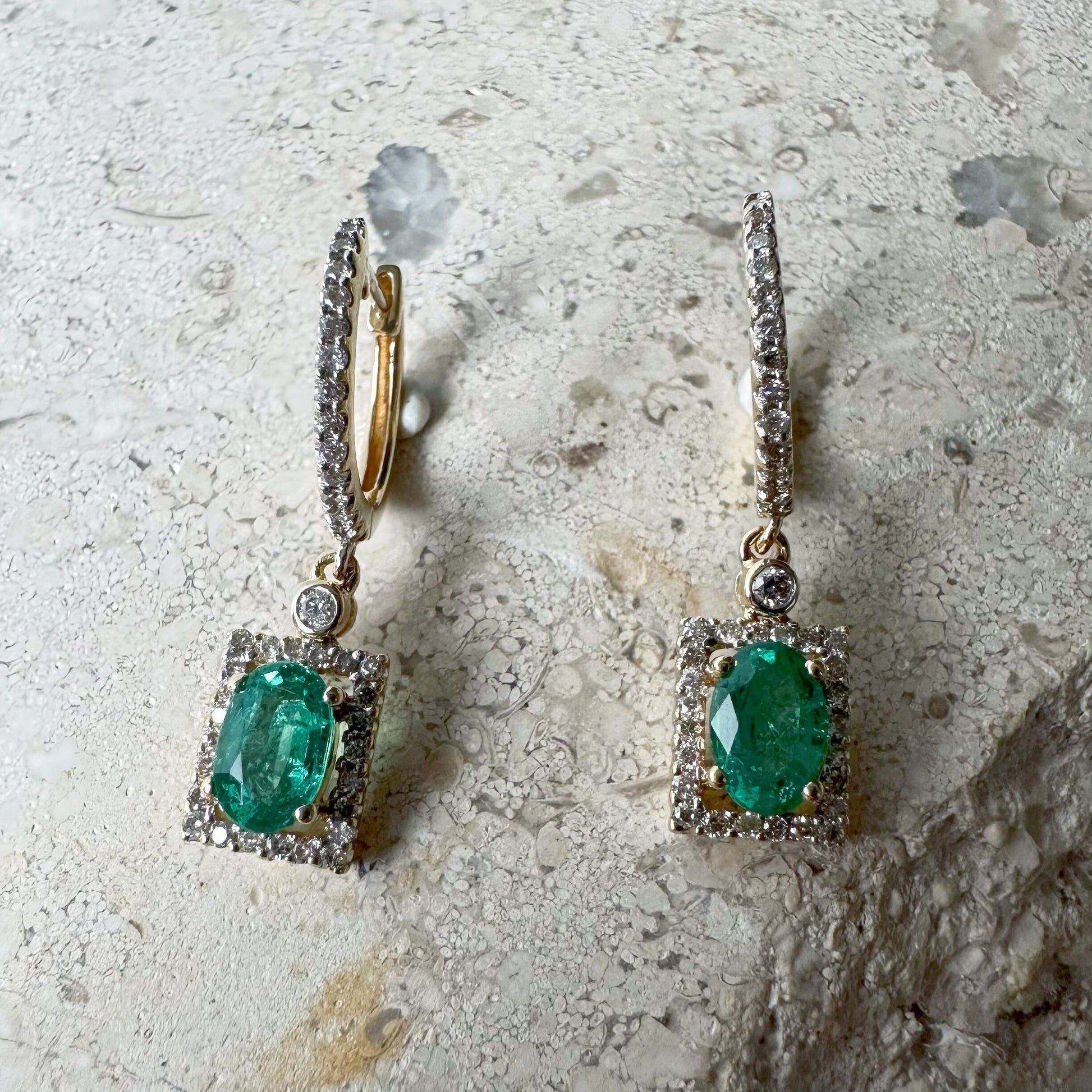 14K Solid Gold Genuine Diamond and Emerald Square Dangle Earrings/Pair