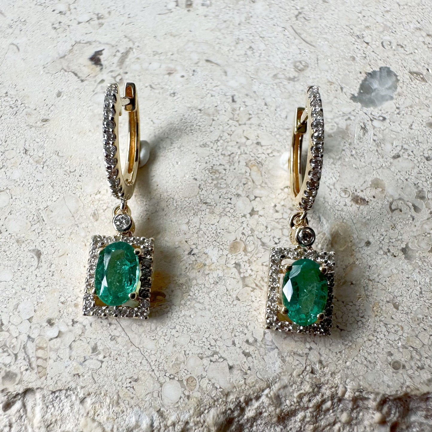 14K Solid Gold Genuine Diamond and Emerald Square Dangle Earrings/Pair