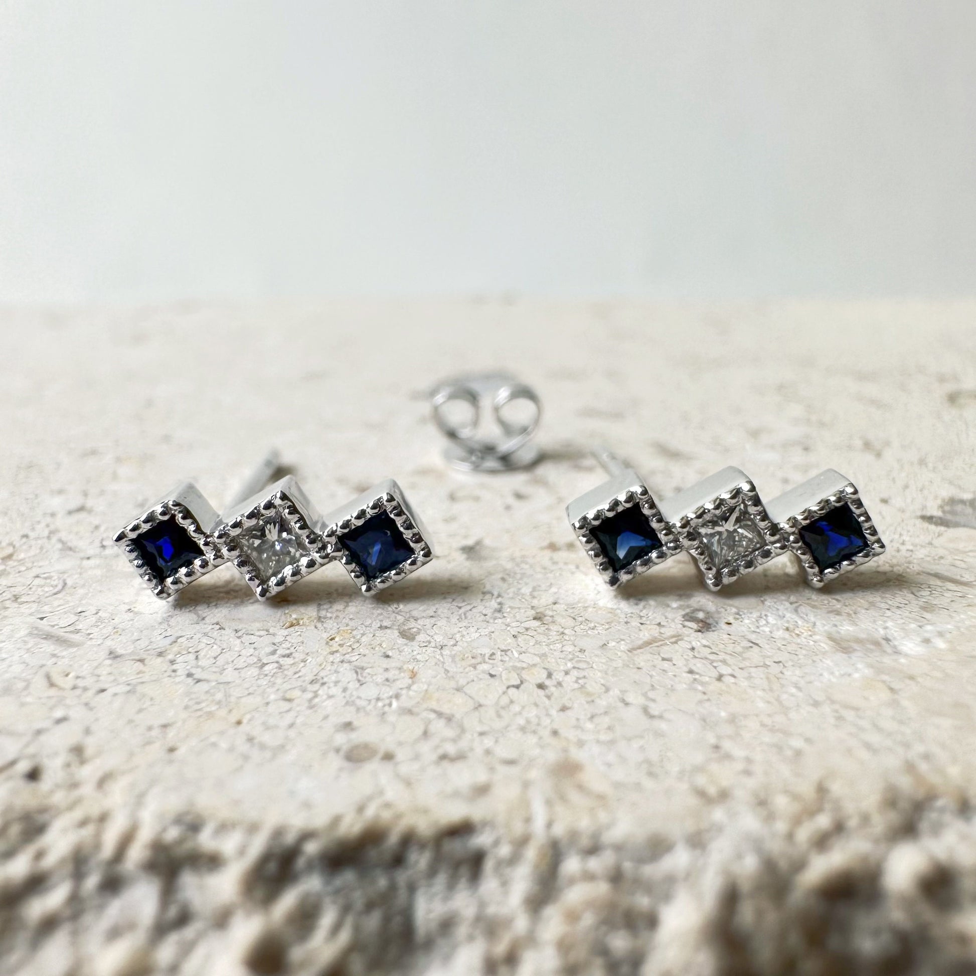 14K Solid Gold Genuine Sapphire and Diamond Trio Bar Studs/Pair