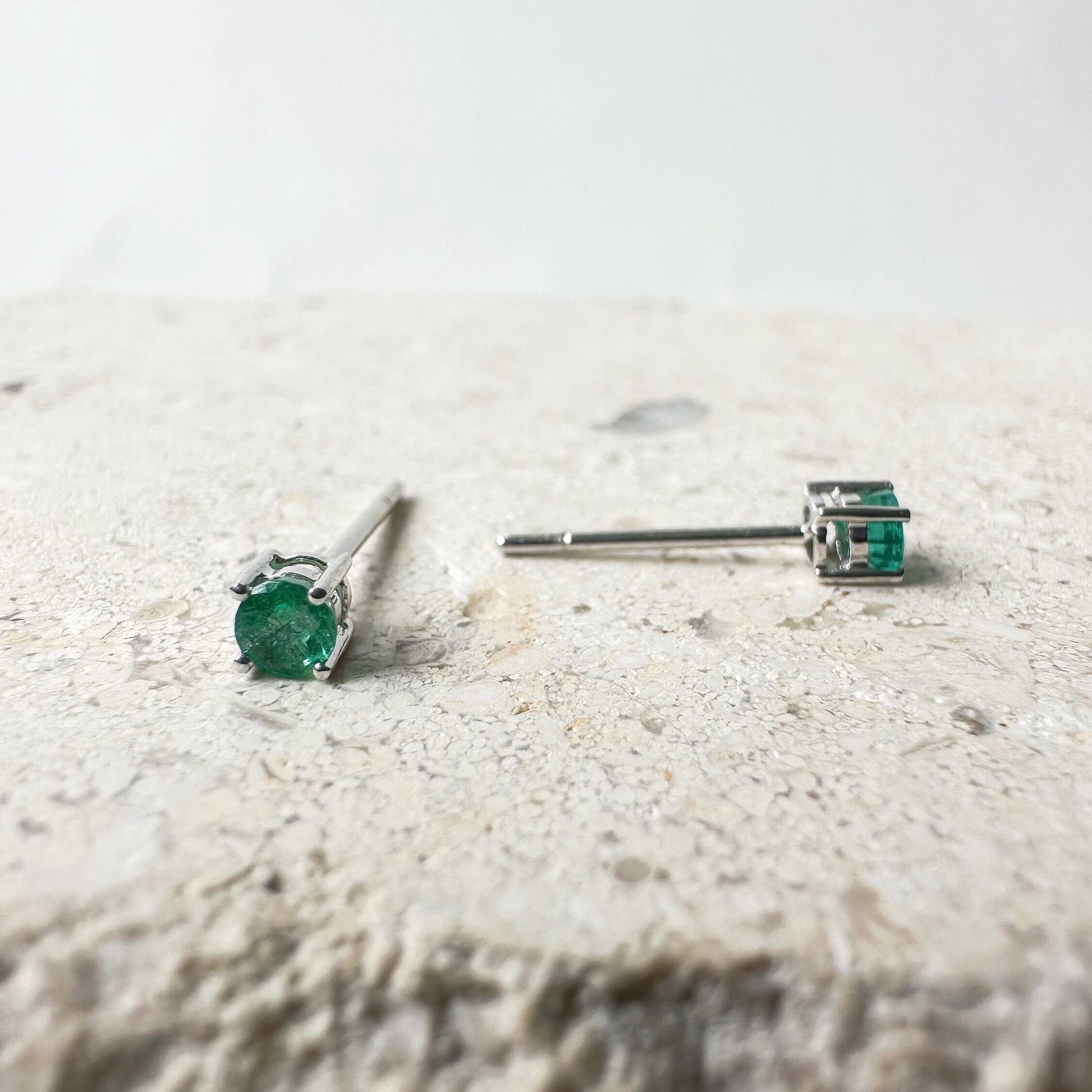 14K Solid Gold Genuine Emerald 3mm Round Studs/Pair