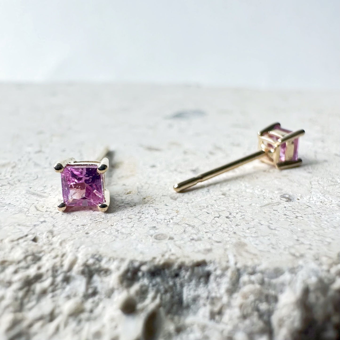 14K Solid Gold Genuine 3mm Pink Sapphire Square Studs/Pair