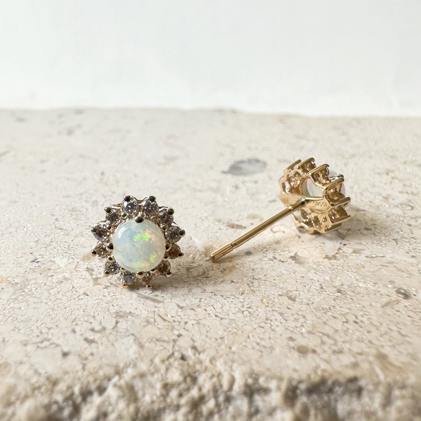 14K Solid Gold Genuine Opal and Diamond Sun Studs