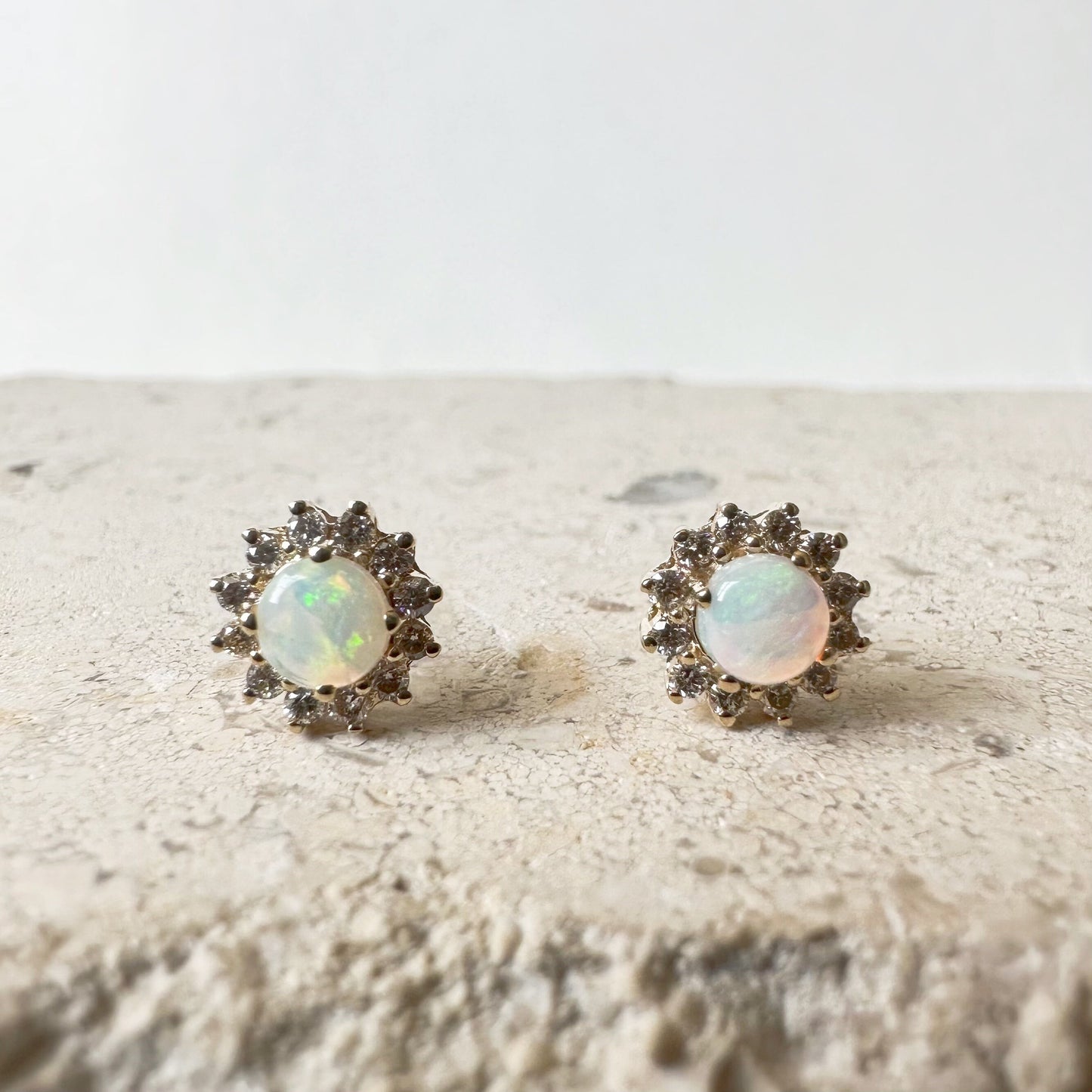 14K Solid Gold Genuine Opal and Diamond Sun Studs