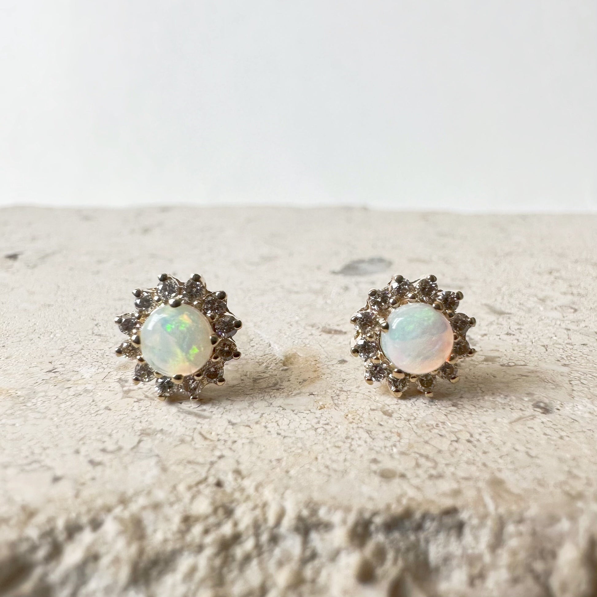 14K Solid Gold Genuine Opal and Diamond Sun Studs