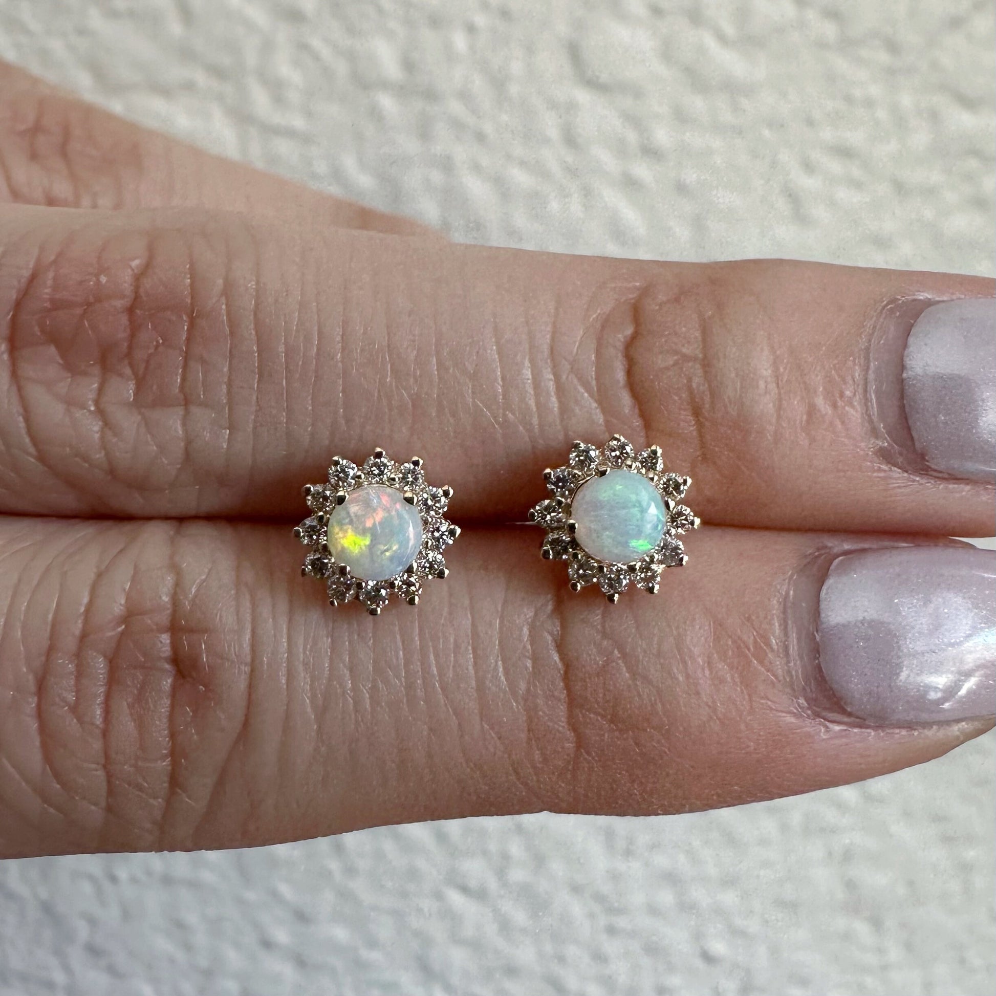 14K Solid Gold Genuine Opal and Diamond Sun Studs
