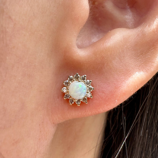 14K Solid Gold Genuine Opal and Diamond Sun Studs
