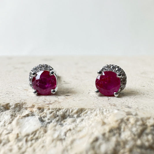 14K Solid Gold Genuine Ruby and Diamond Curve Studs/Pair