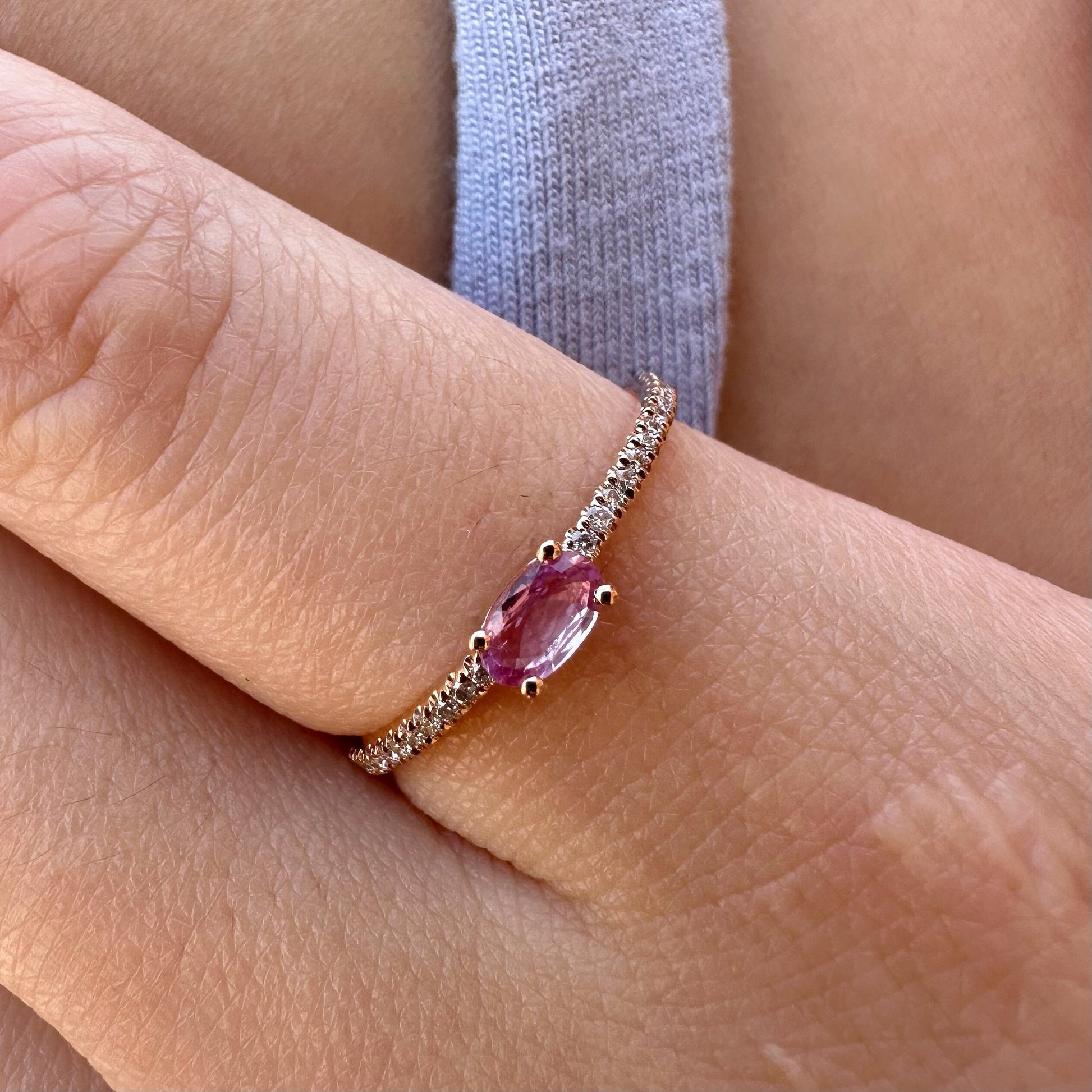 14K Solid Rose Gold Genuine Oval Pink Sapphire and Diamond Ring