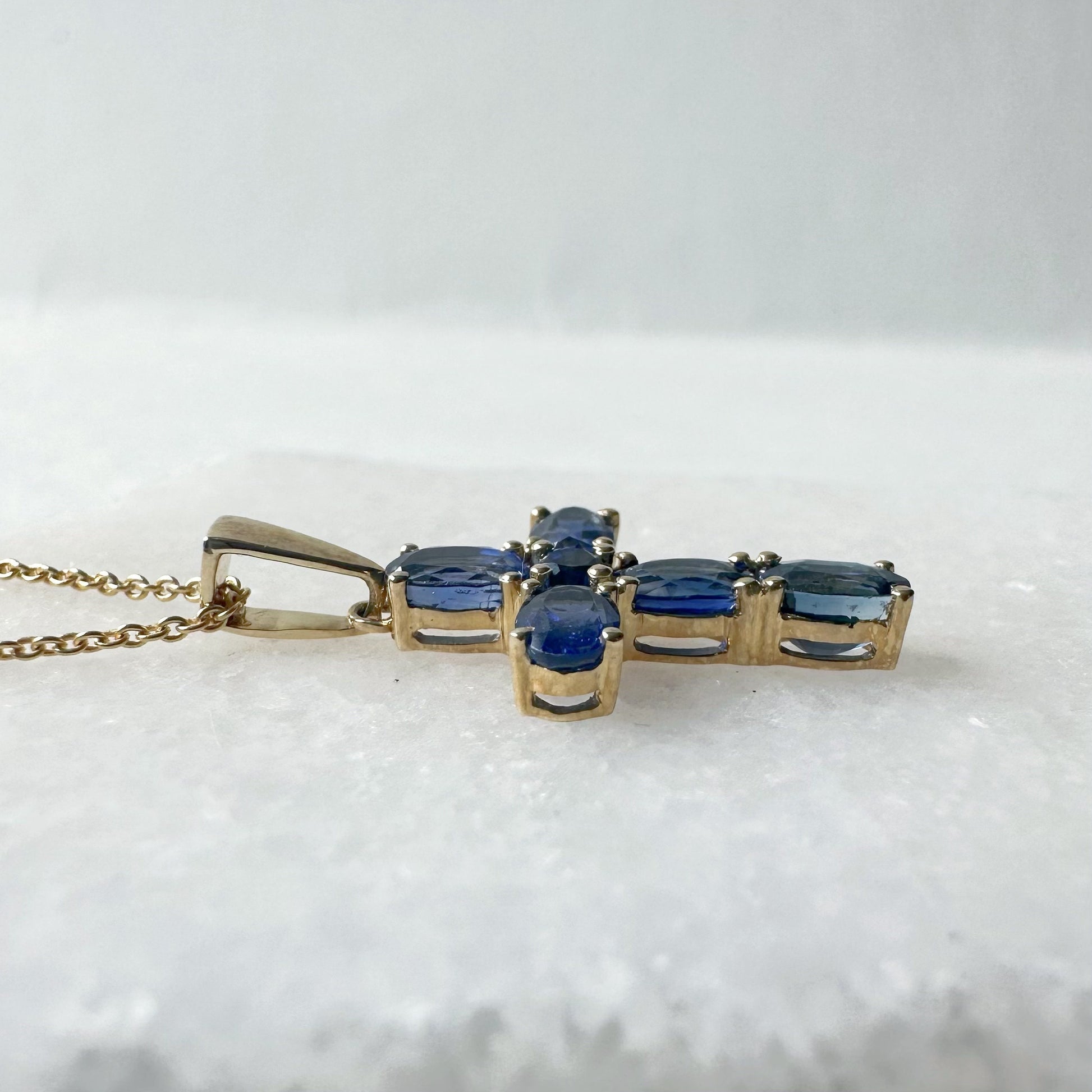 14K Solid Gold Genuine Sapphire Cross Pendant (pendant only)