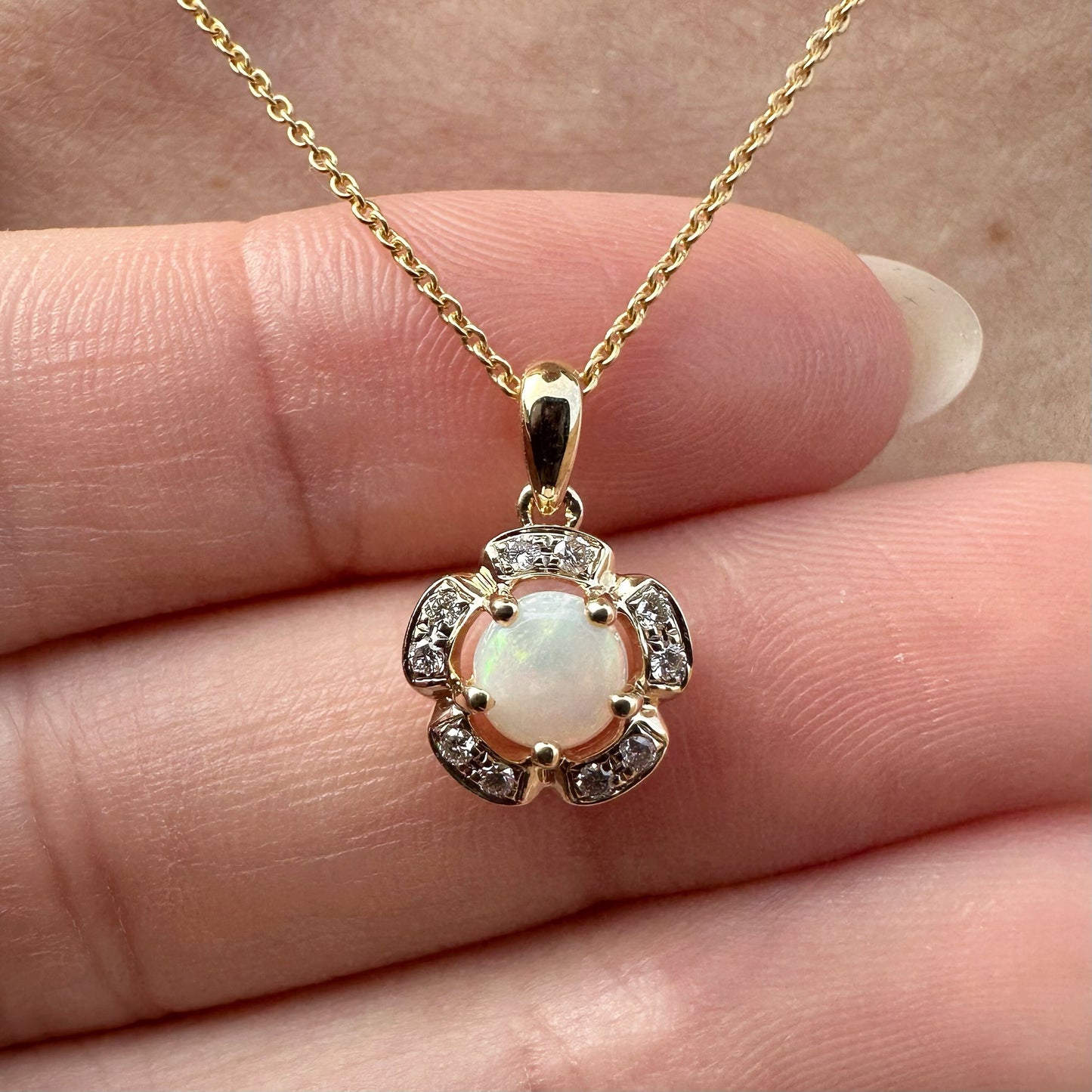 14K Solid Gold Genuine Diamond and Opal Flower Pendant