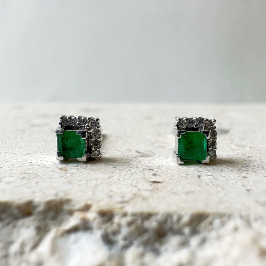 14K Solid Gold Genuine Emerald and Diamond Square Studs/Pair