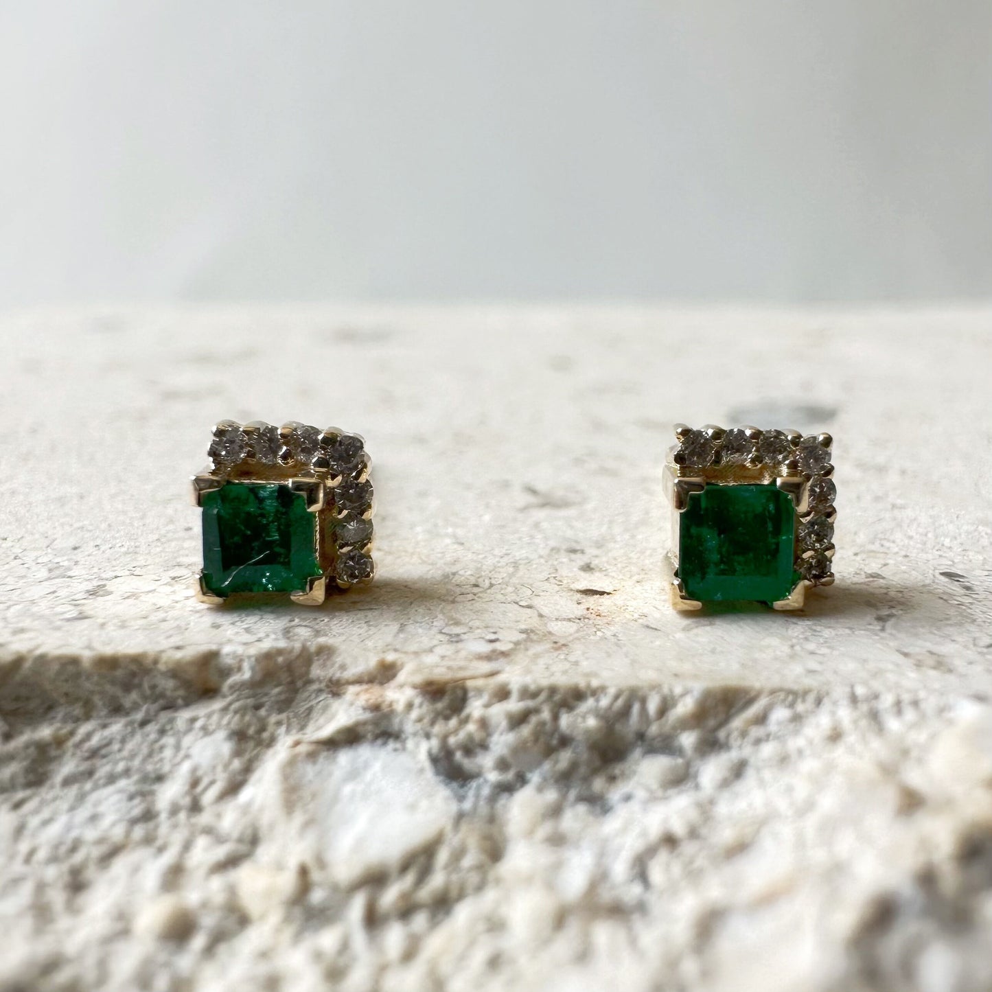 14K Solid Gold Genuine Emerald and Diamond Square Studs/Pair