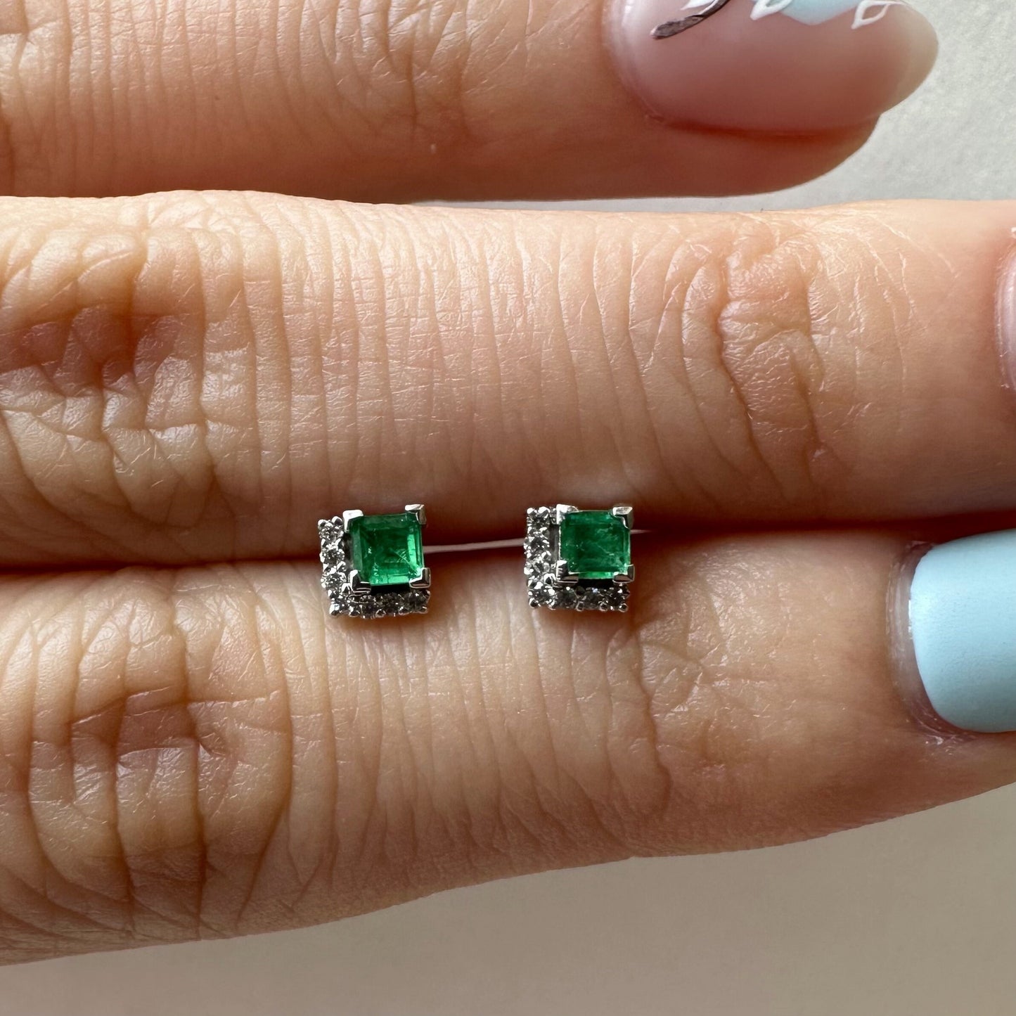 14K Solid Gold Genuine Emerald and Diamond Square Studs/Pair