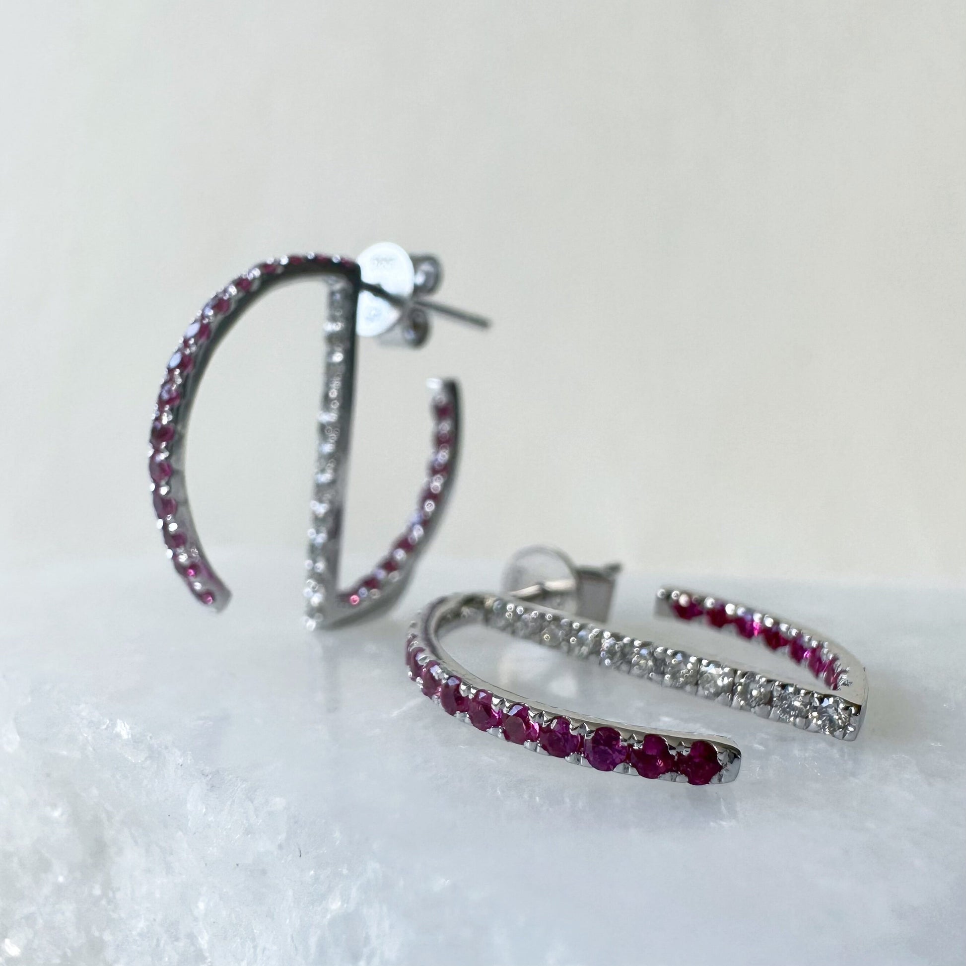 14K Solid White Gold Genuine Ruby and Diamond Hoop Studs/Pair