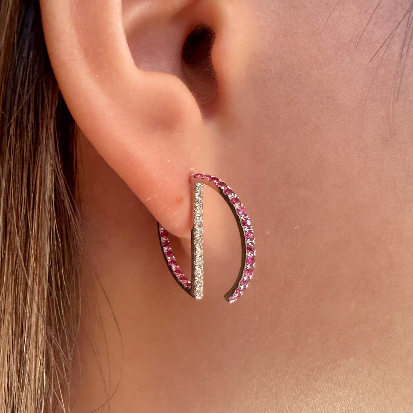 14K Solid White Gold Genuine Ruby and Diamond Hoop Studs/Pair