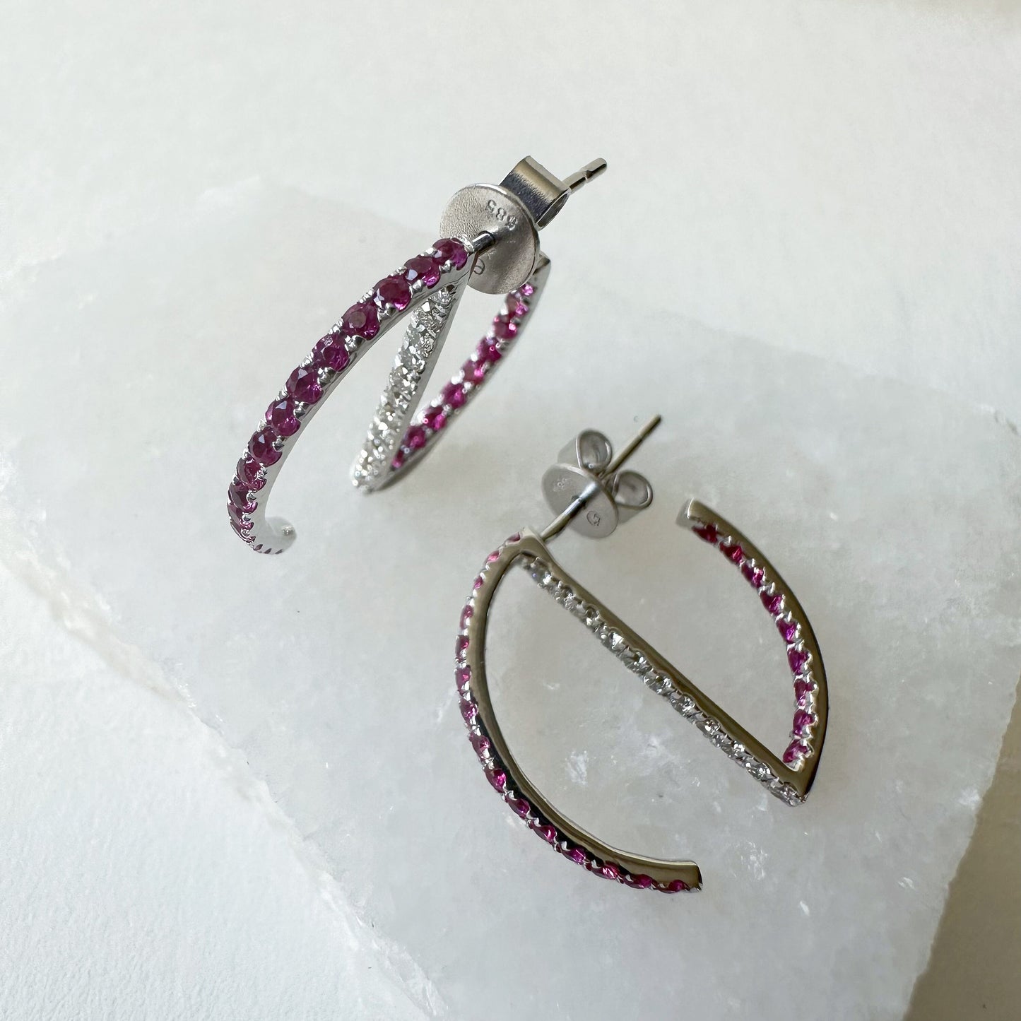 14K Solid White Gold Genuine Ruby and Diamond Hoop Studs/Pair