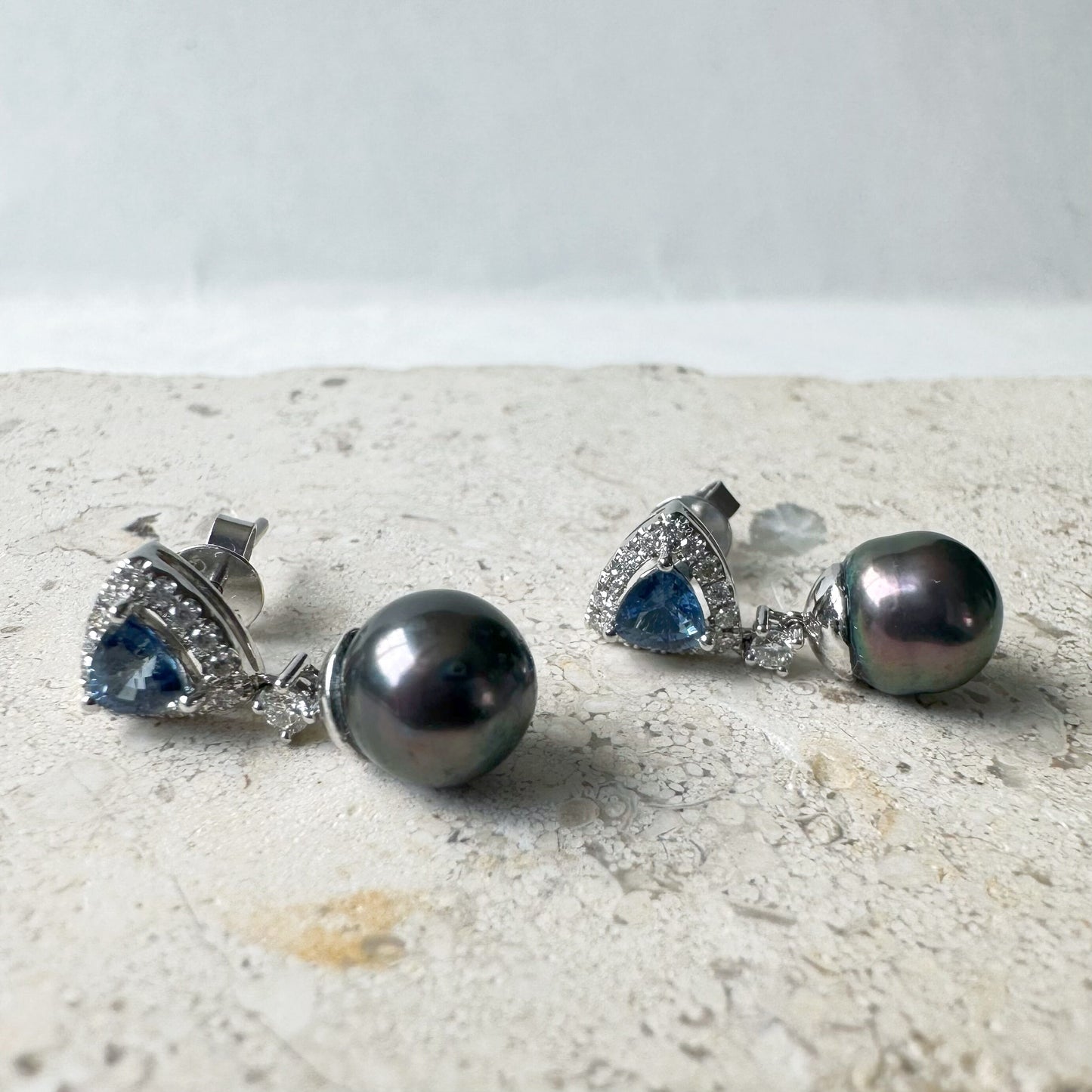 14K Solid Gold Genuine Akoya Black Pearl, Diamond, and Ceylon Sapphire Fancy Earrings/Pair