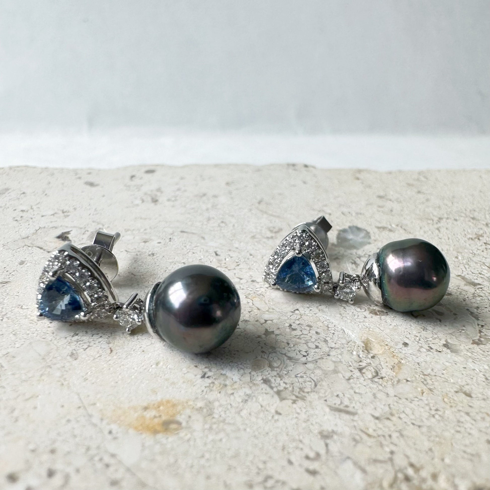 14K Solid Gold Genuine Akoya Black Pearl, Diamond, and Ceylon Sapphire Fancy Earrings/Pair