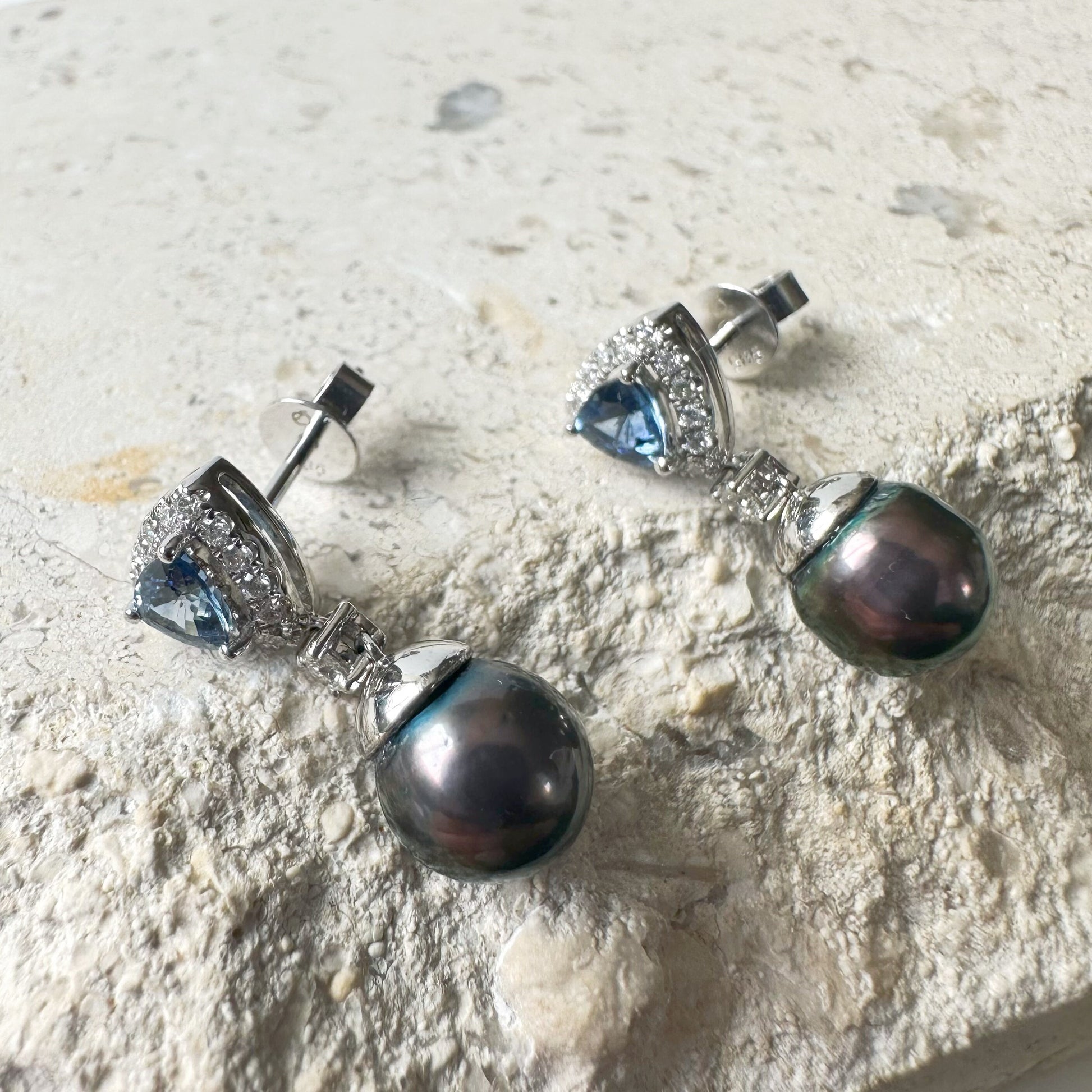 14K Solid Gold Genuine Akoya Black Pearl, Diamond, and Ceylon Sapphire Fancy Earrings/Pair