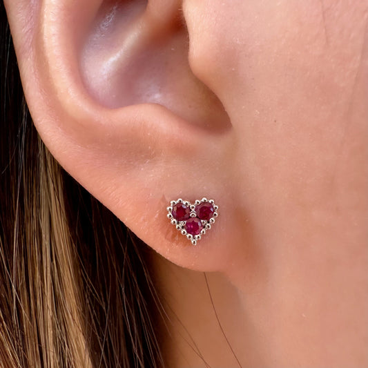 14K Solid Gold Genuine Ruby Trio Heart Studs/Pair